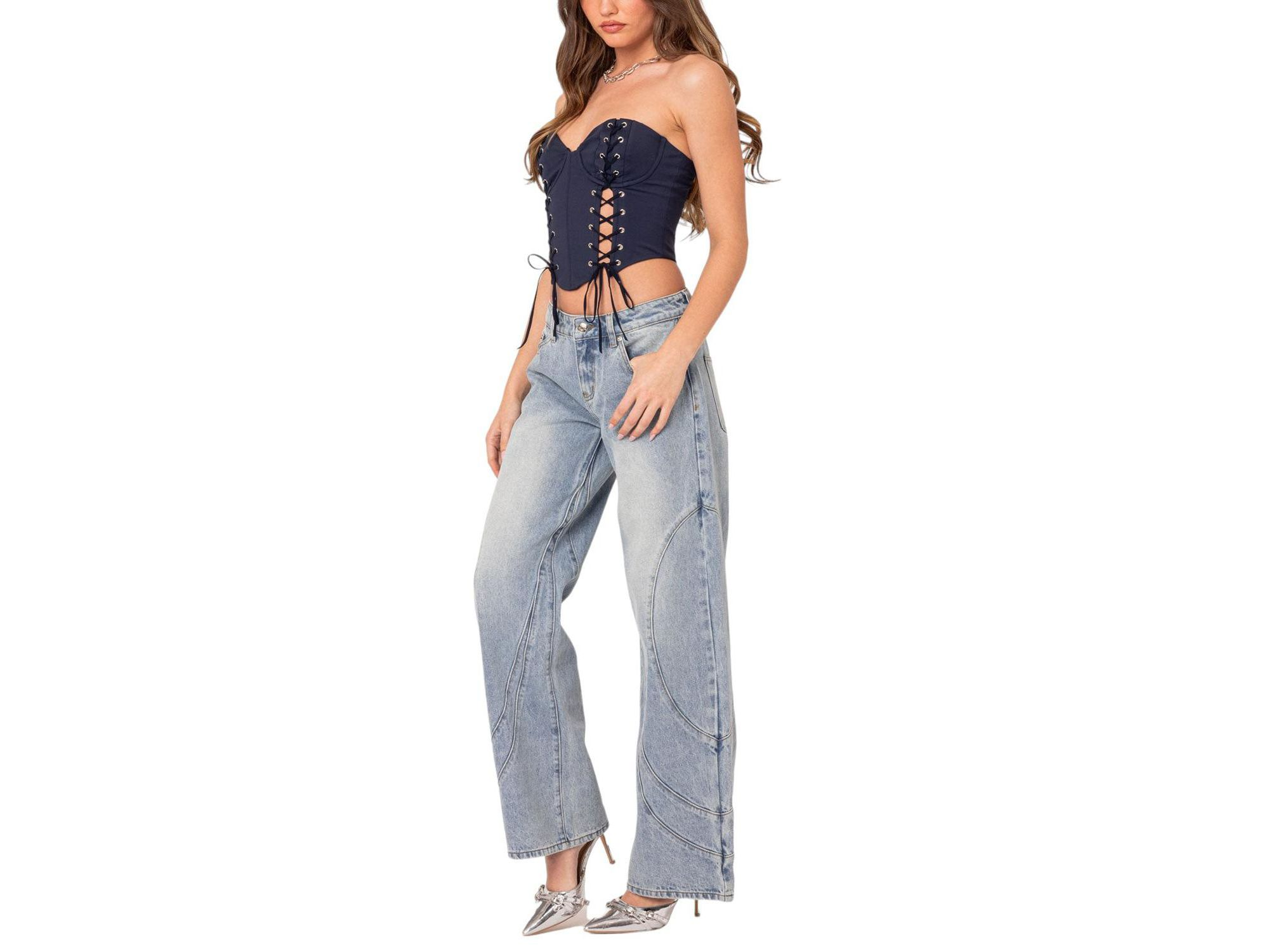 Oaklynn Stitch Detail Low Rise Jeans in Light Blue — Image 5