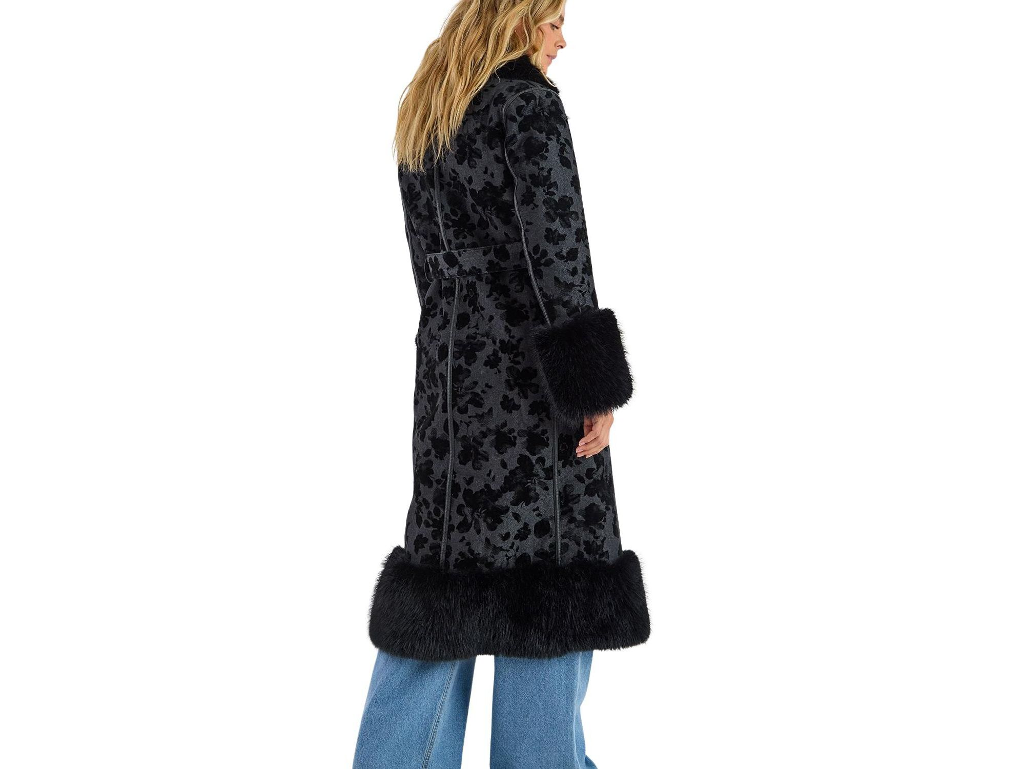 Faux Fur Floral Jacquard Coat — Image 4
