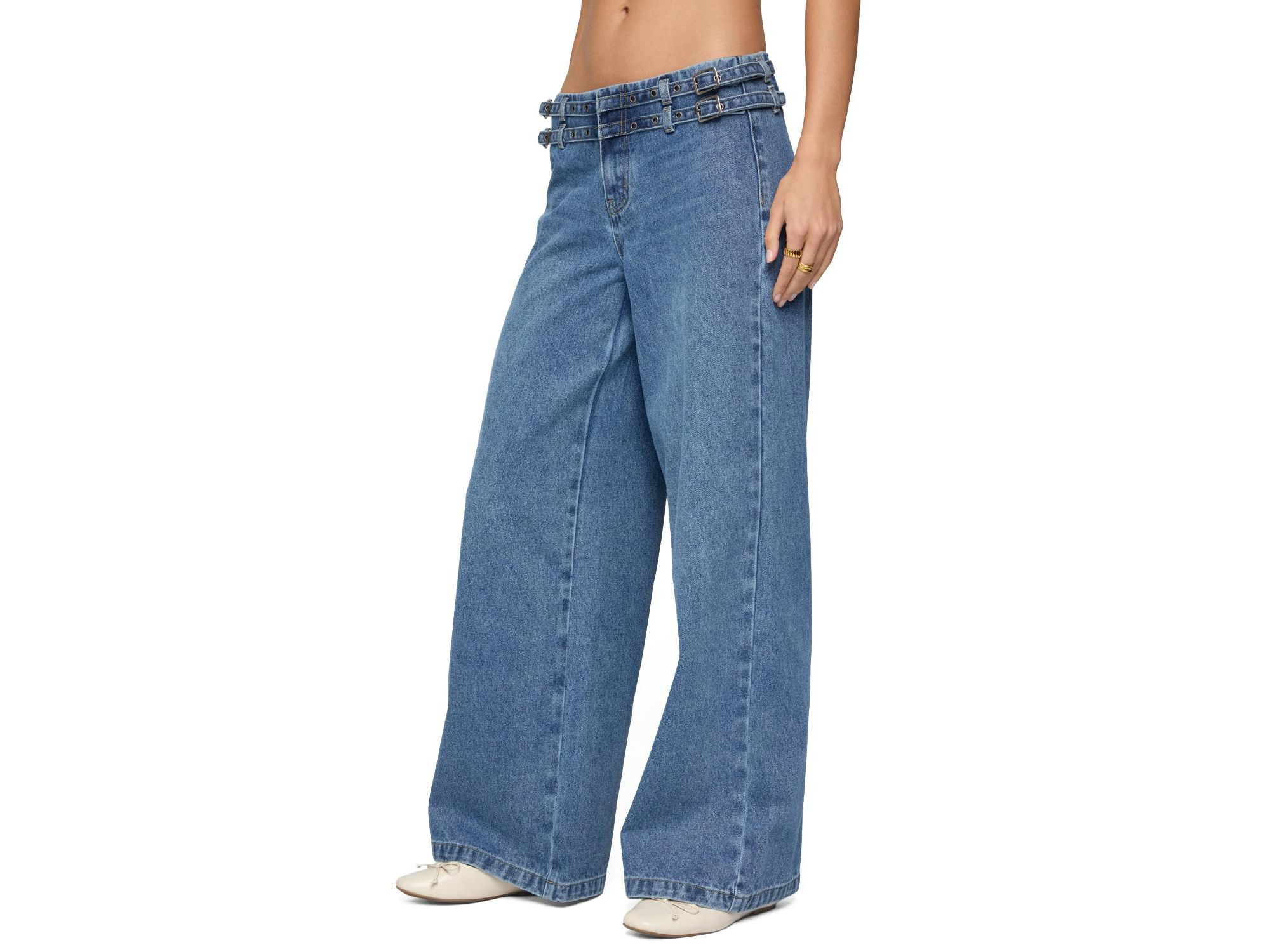 Livia Double Belt Low Rise Baggy Jeans in Blue Washed — Image 3