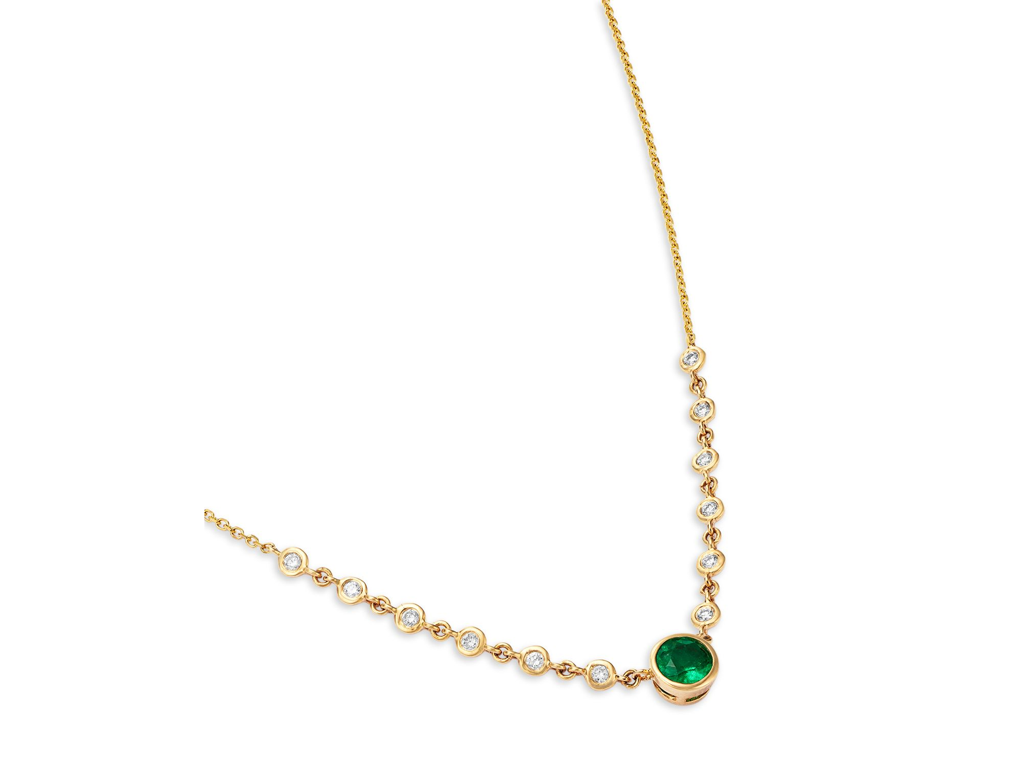 Emerald & Diamond Bezel Station Necklace in 14K Yellow Gold, 17" — Image 3