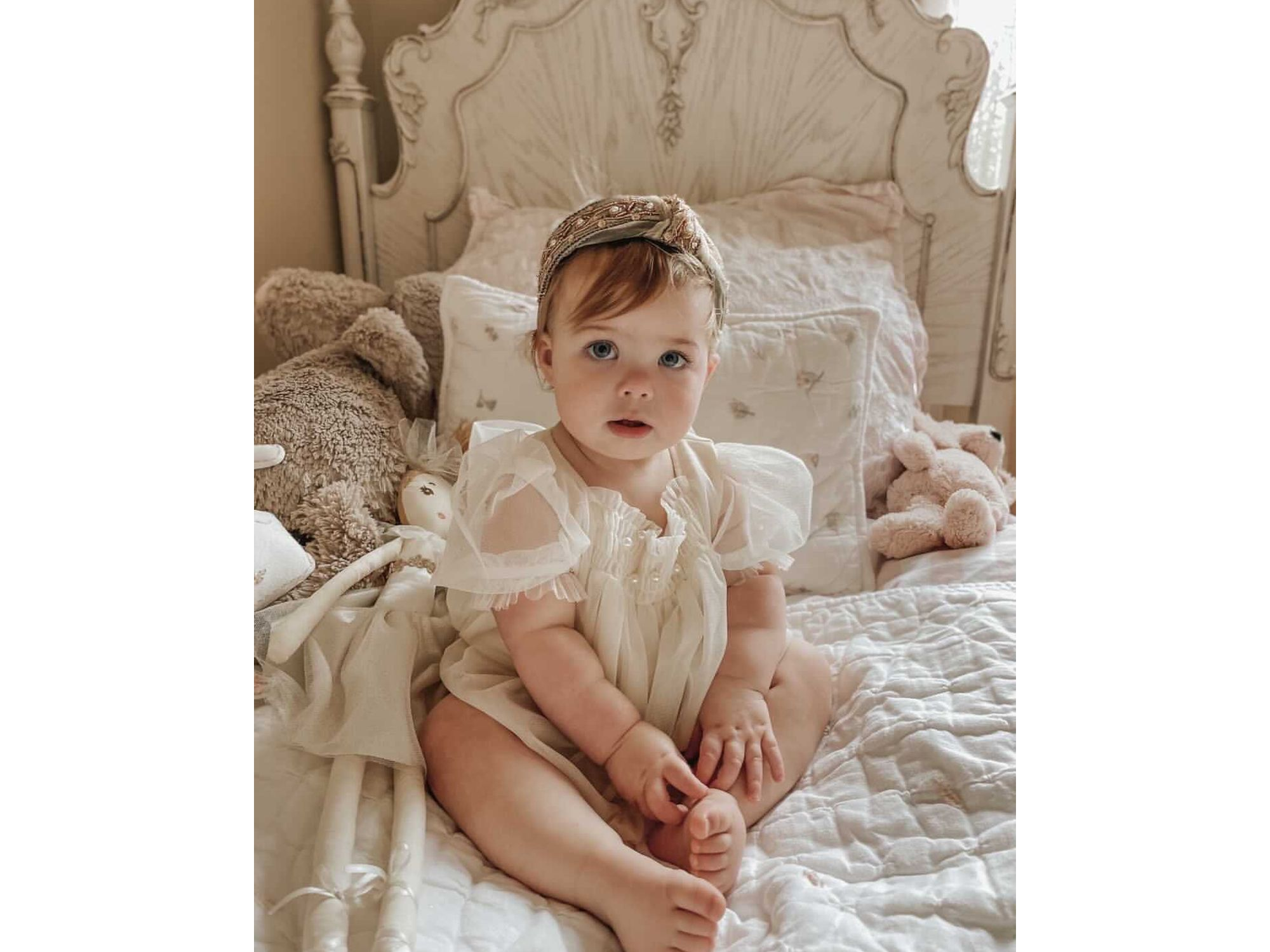 Unisex Bella Buttermilk Tulle Romper with Faux Pearl Beading — Image 5