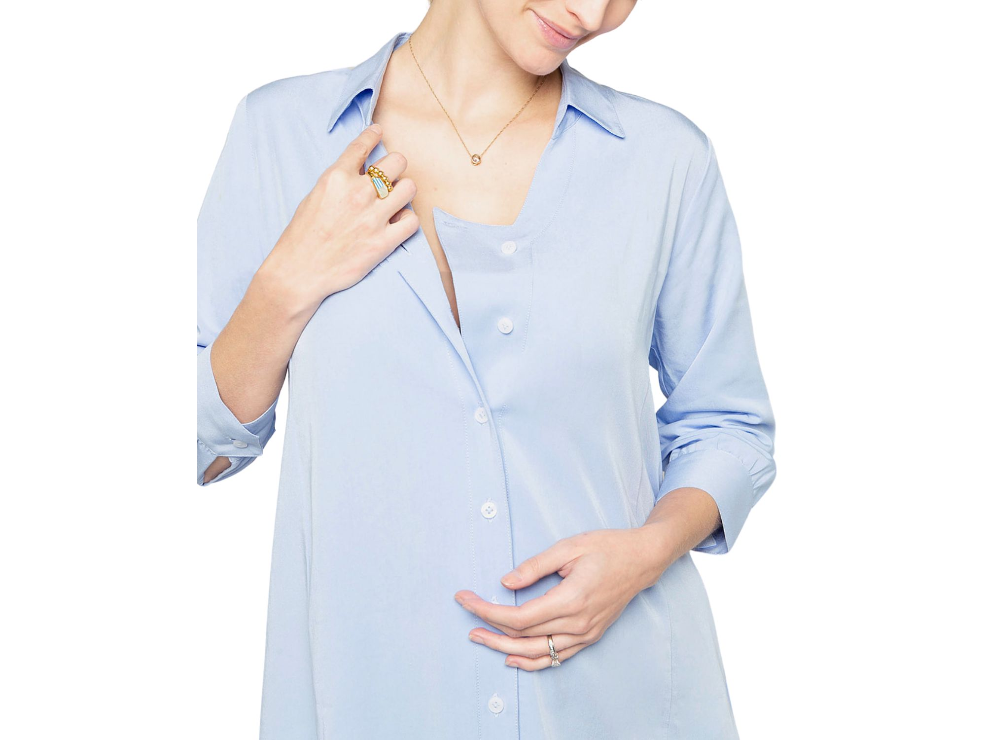Women's No-Gap 3/4 Sleeve Maternity & Nursing Button Down Shirt in with Bra Concealing Design in TENCEL (Regular & Petite) — Image 3