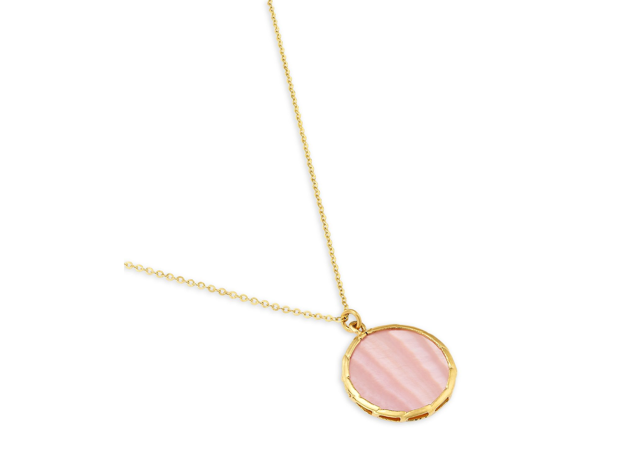 Pink Mother of Pearl Bezel Pendant Necklace in 14K Yellow Gold, 16-18" — Image 3