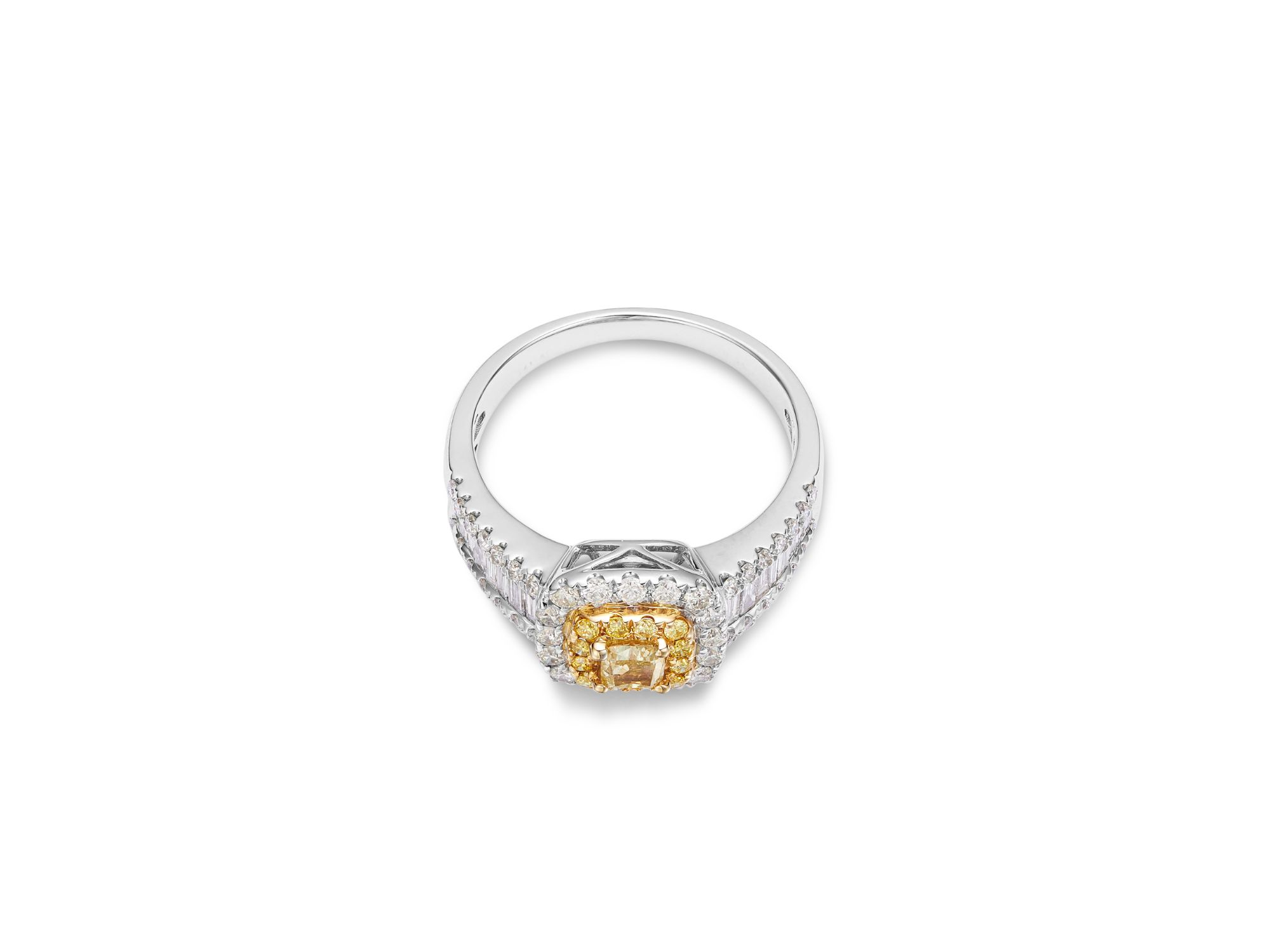 White & Yellow Diamond Cushion & Round Halo Ring in 14K Yellow & White Gold, 1.3 tcw — Image 3
