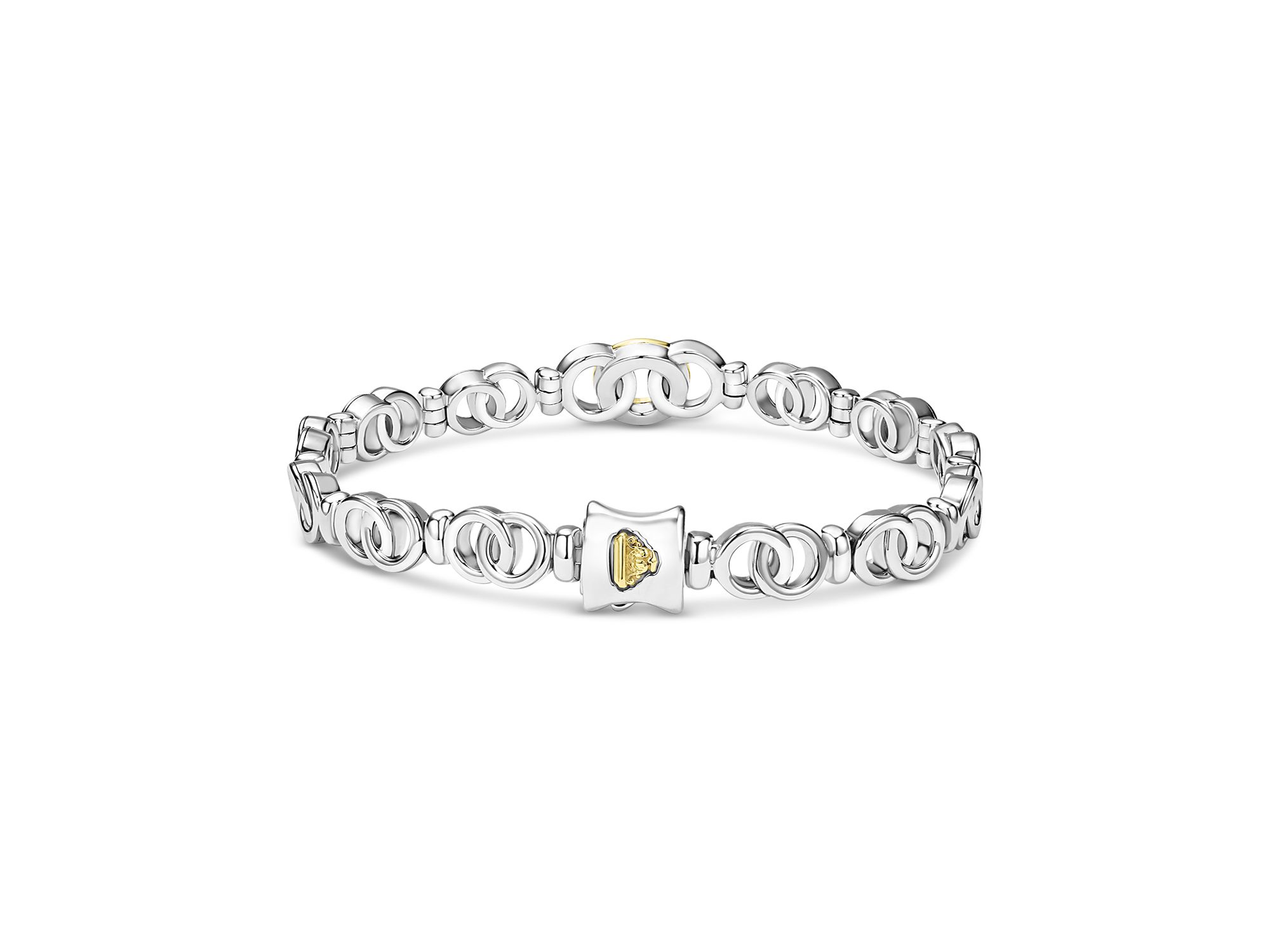 18K Yellow Gold & Sterling Silver Signature Caviar Diamond Interlocking Ring Link Bracelet — Image 5