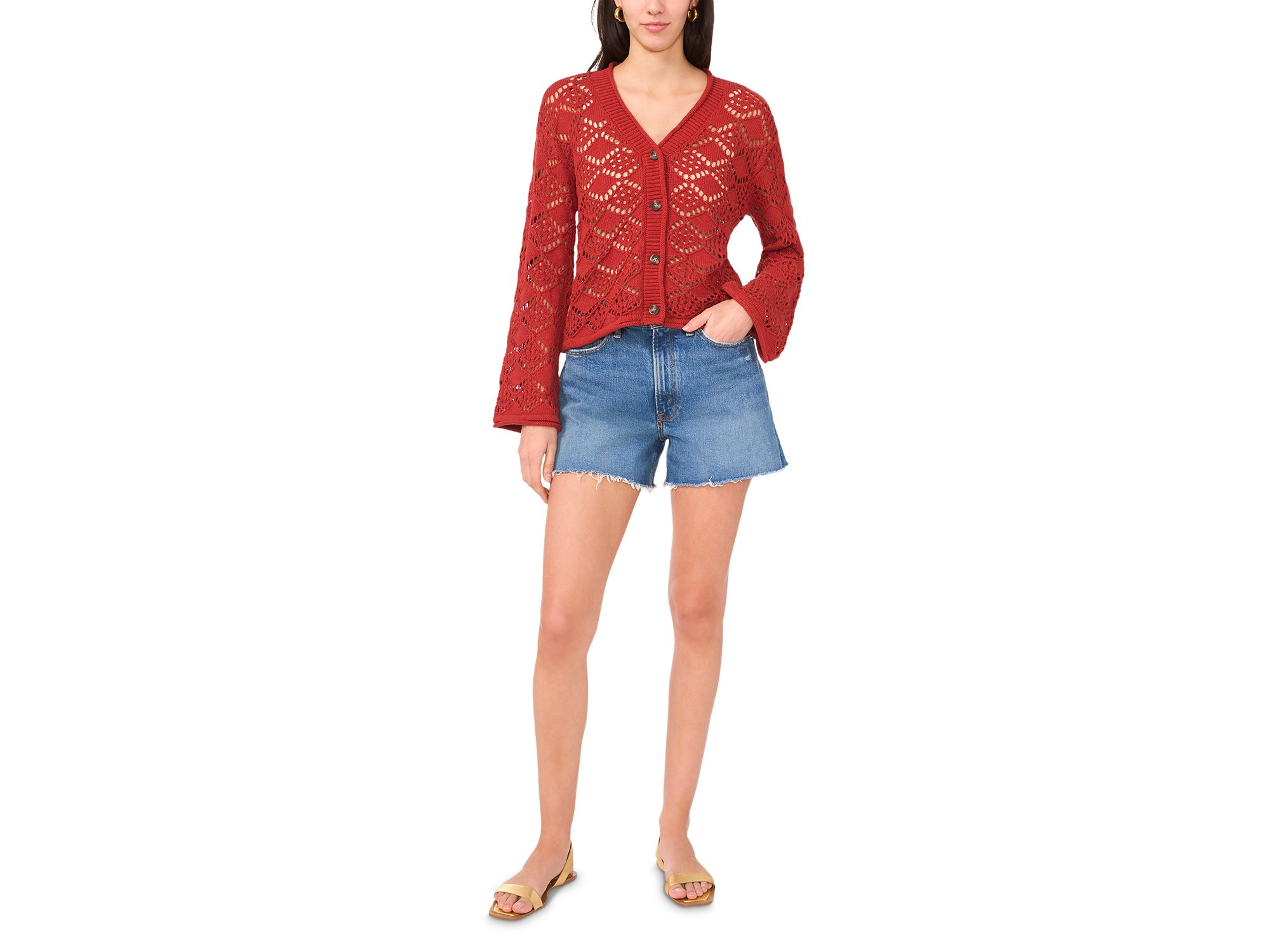 Pointelle V Neck Long Sleeve Cardigan — Image 4