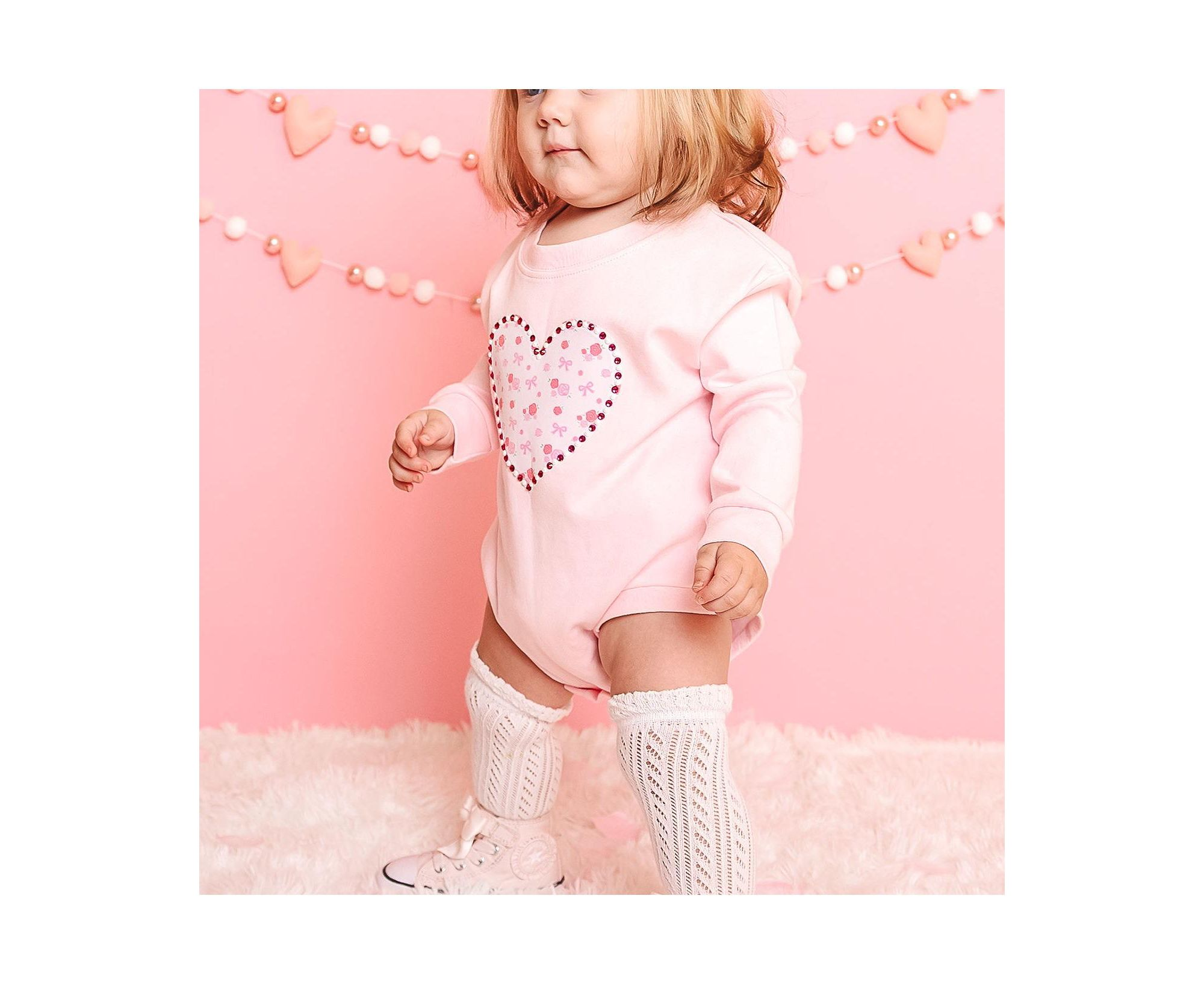 Girls' Dainty Rose Faux Pearl Heart Patch Long Sleeve Romper - Baby — Image 4