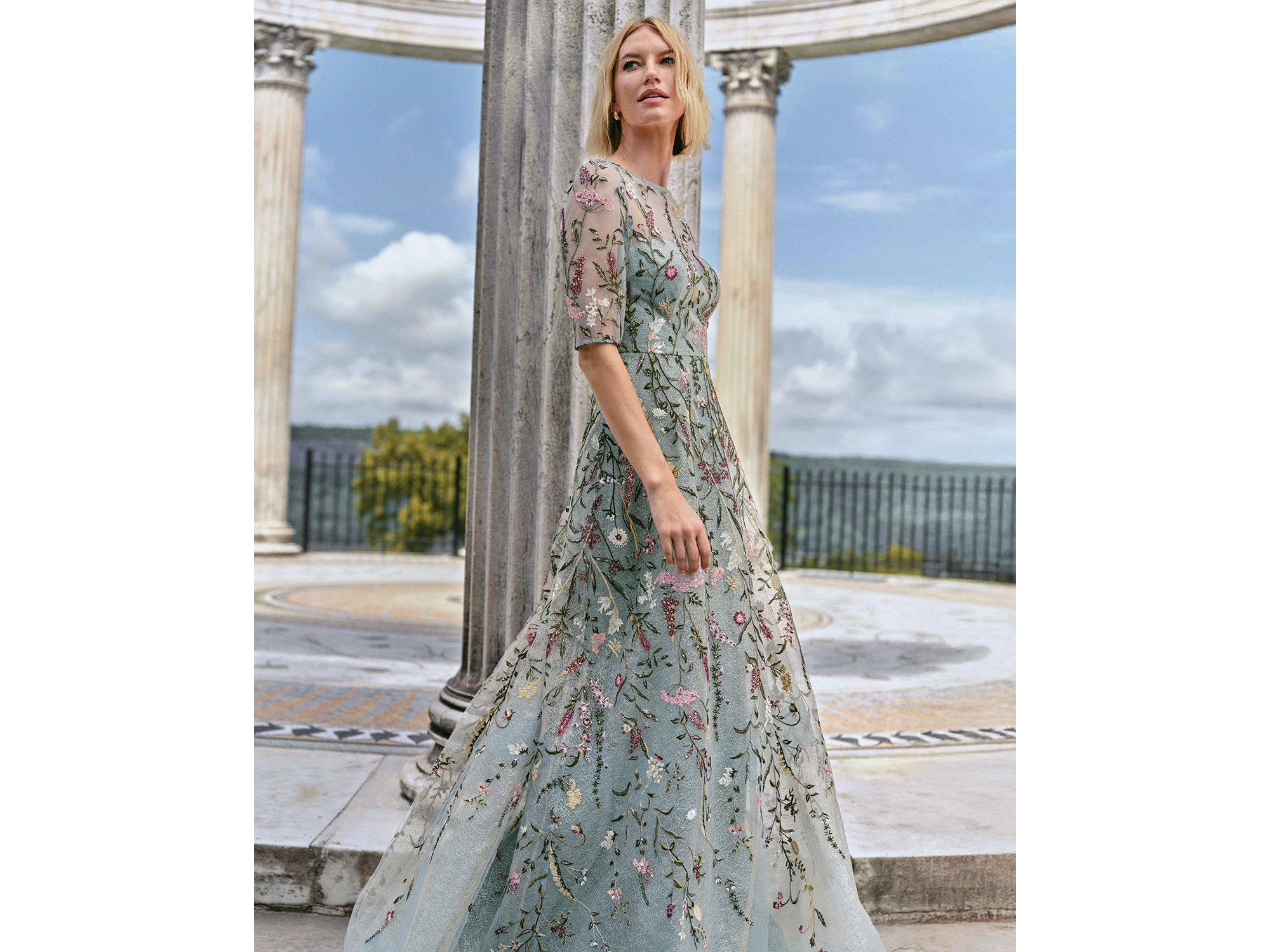 Floral Embroidered Tulle Elbow Sleeve Gown — Image 3