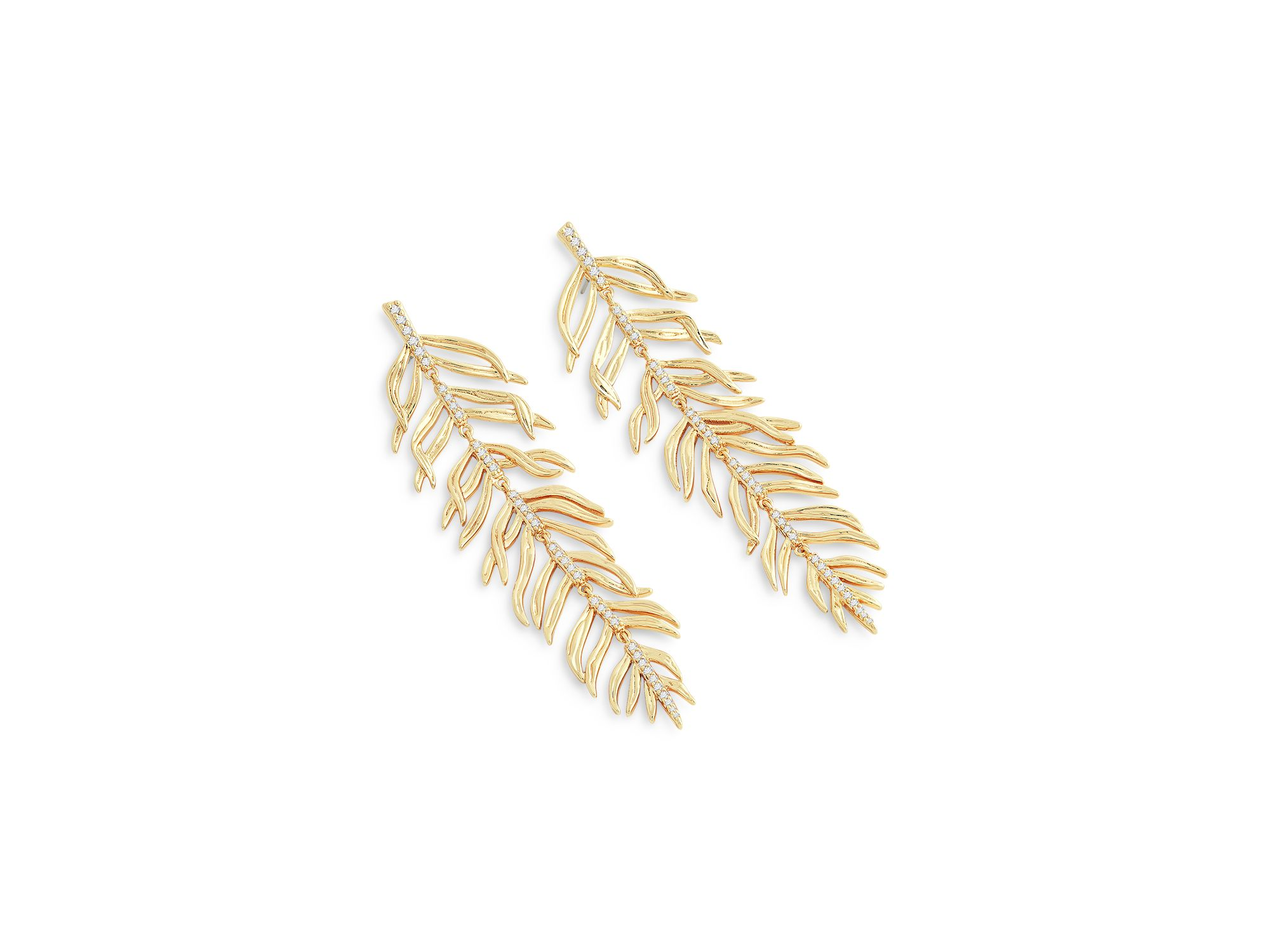 Pavé Palm Leaf Linear Drop Earrings in 18K Gold Plated — Image 3