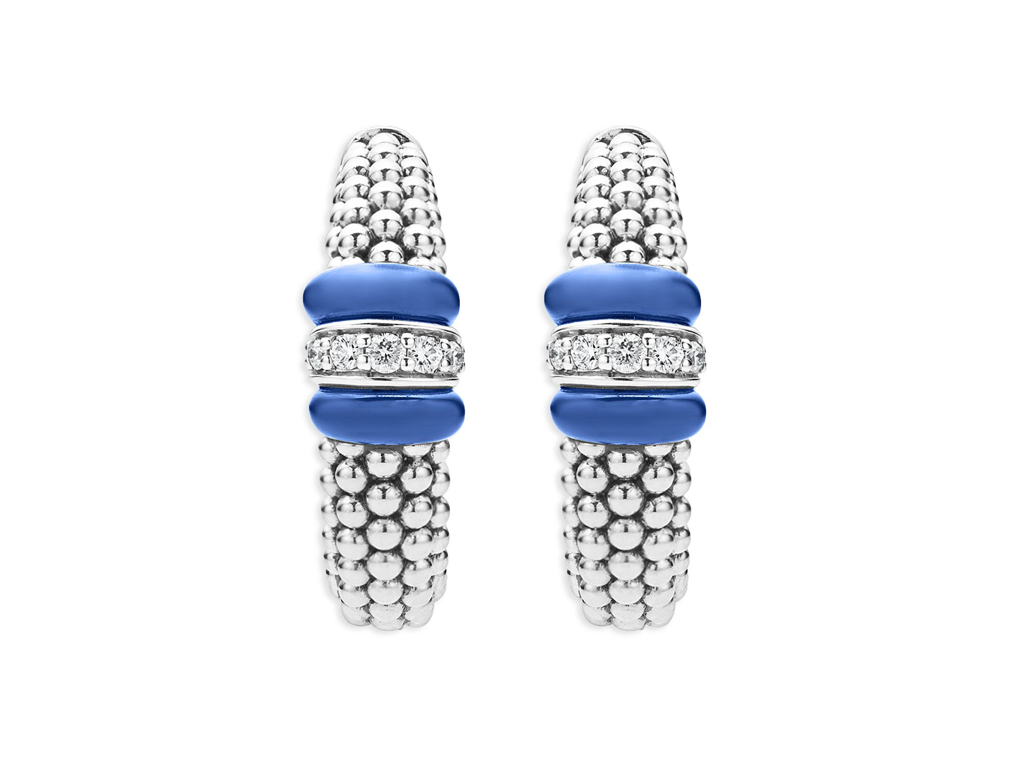 14K Yellow Gold & Sterling Silver Ultramarine Ceramic & Diamond Caviar Bead Hoop Earrings — Image 3