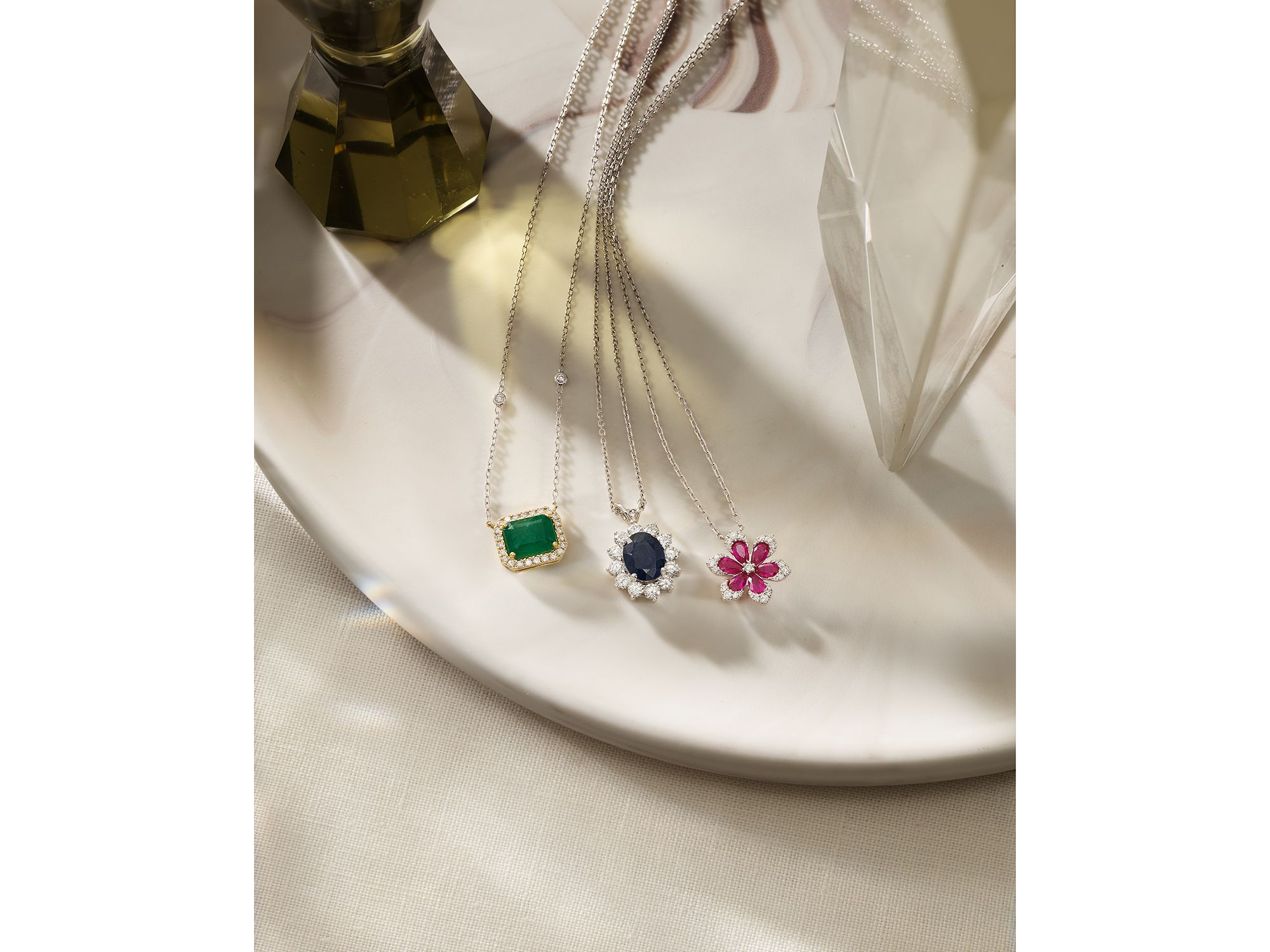 Blue Sapphire & Diamond Halo Starburst Pendant Necklace in 14K White Gold — Image 3