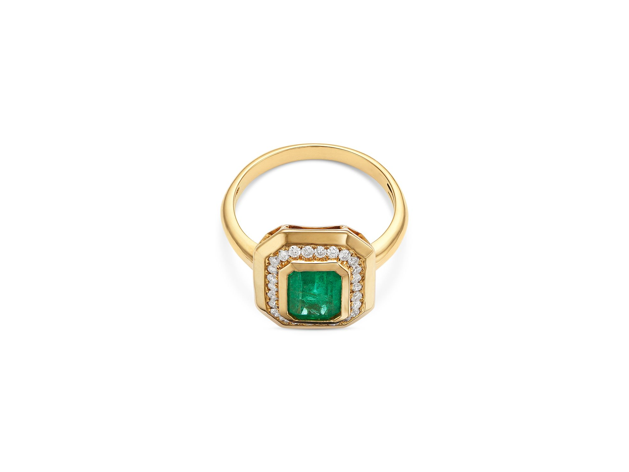 Emerald & Diamond Halo Ring in 14K Yellow Gold — Image 3