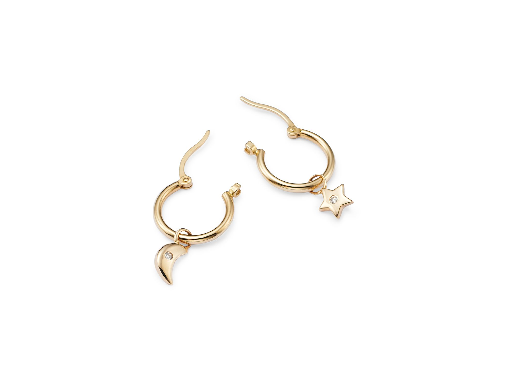 Diamond Star & Moon Dangle Hoop Earrings in 14K Yellow Gold, 0.02 tcw — Image 4