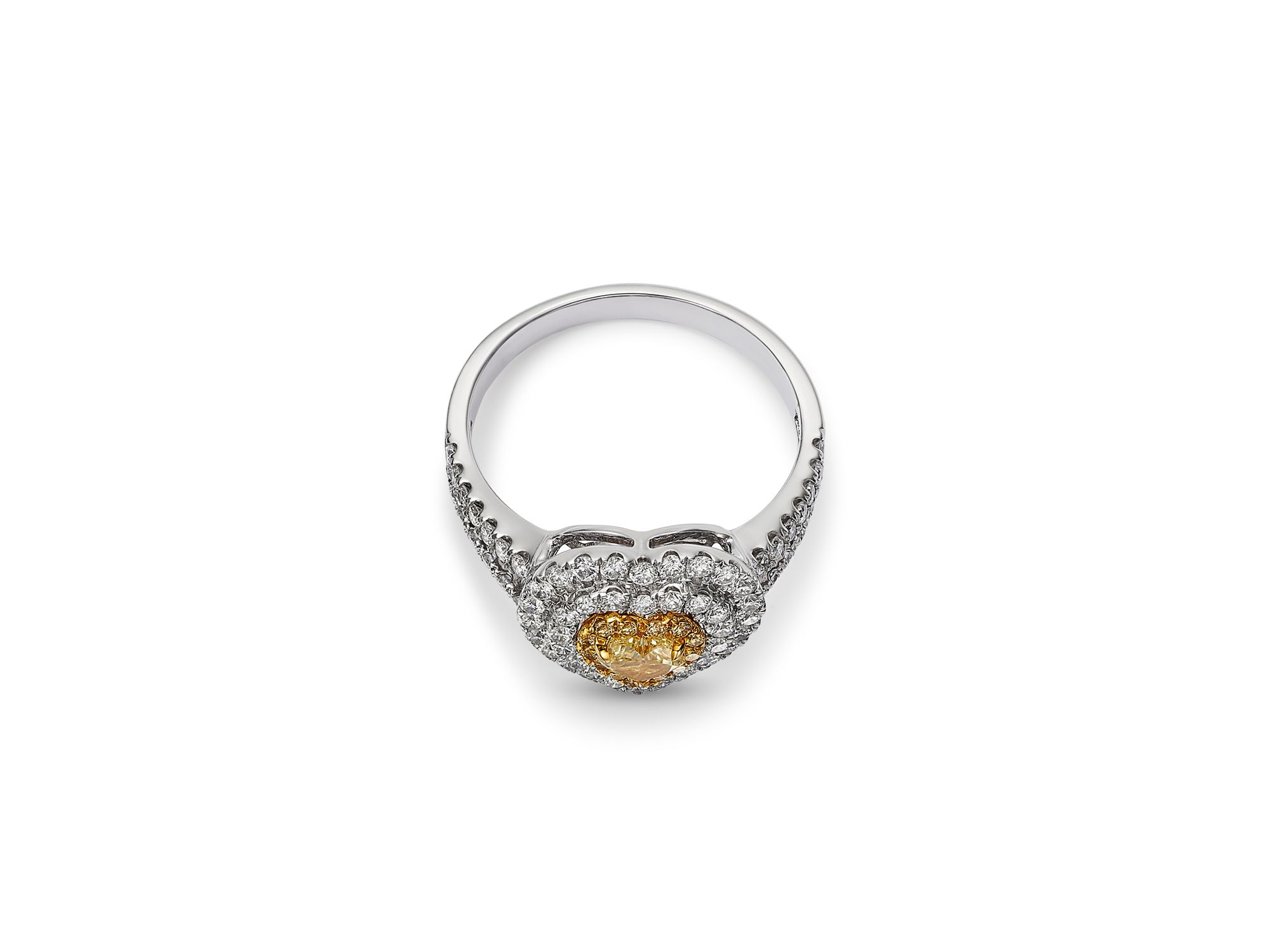 White & Yellow Diamond Heart & Round Halo Ring in 14K Yellow & White Gold, 1.1 tcw — Image 3