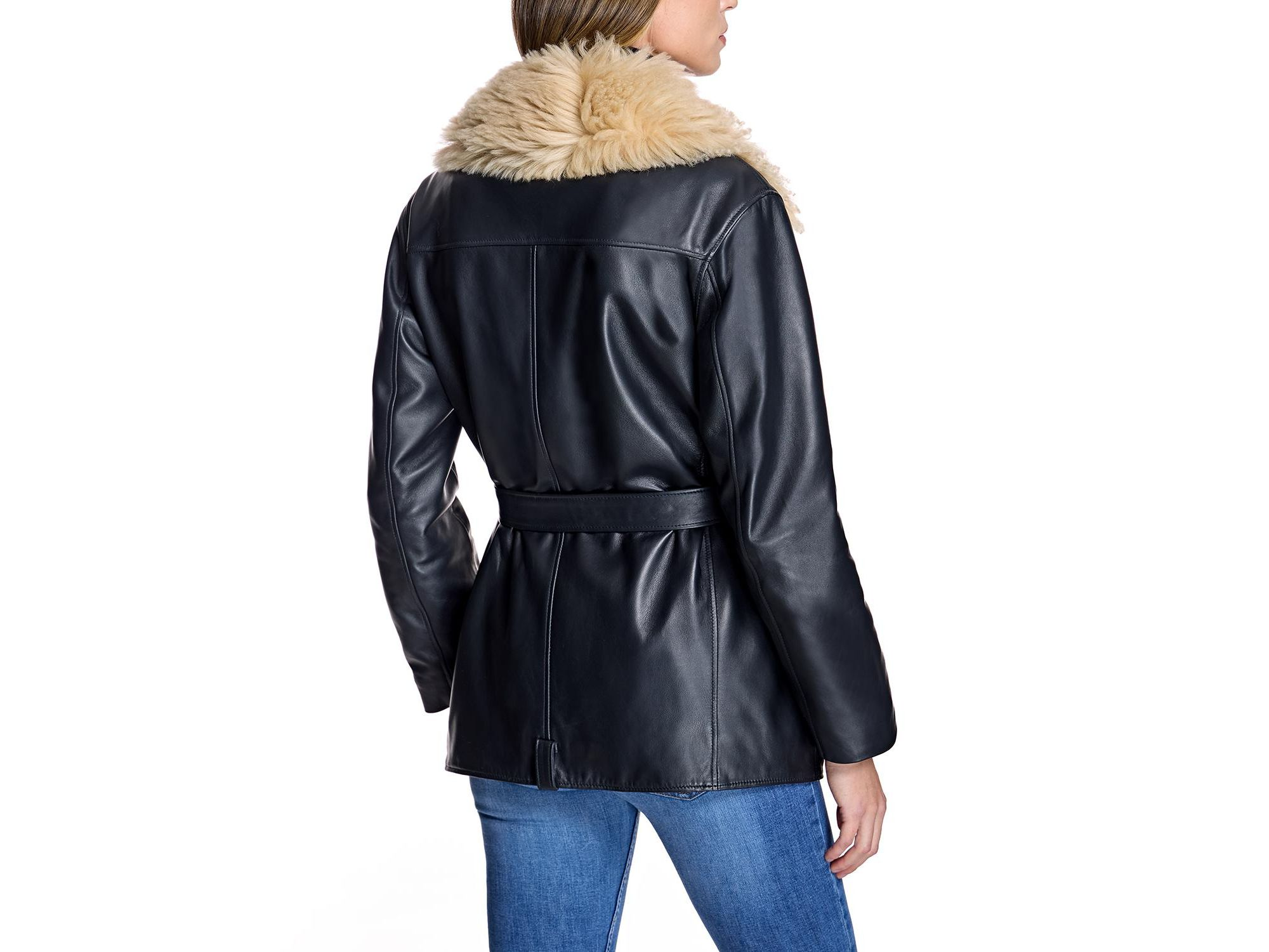 Leather Moto Jacket with Detachable Shearling Collar — Image 5