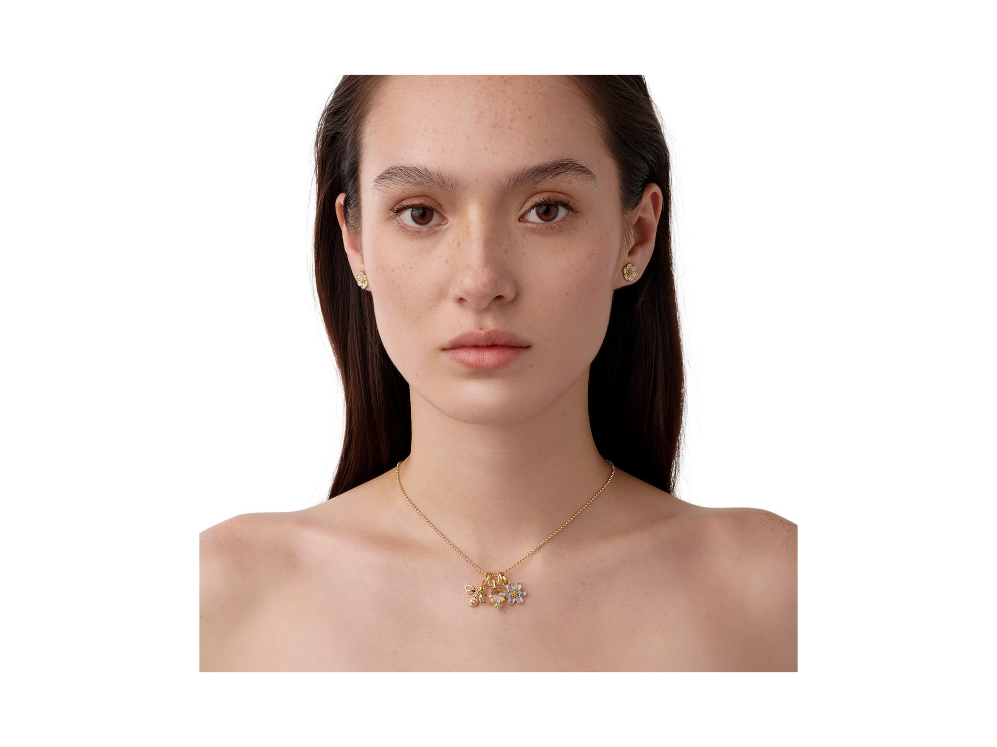 18K Yellow Gold FJ Crystal, Moonstone & Diamond Bee, Flower, & Amulet Triple Charm Pendant Necklace, 16-18" — Image 3