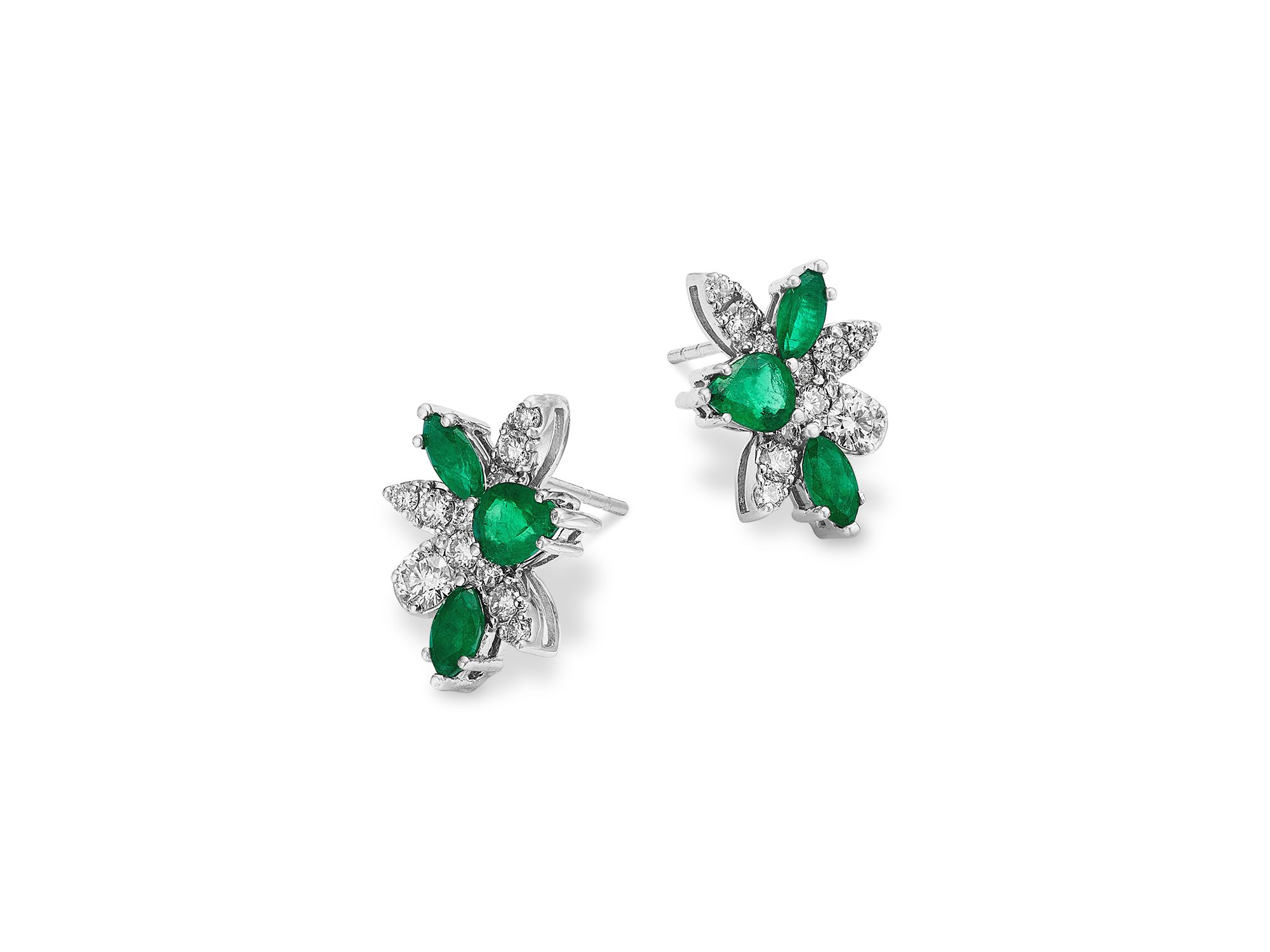 Emerald & Diamond Flower Cluster Stud Earrings in 14K White Gold — Image 3