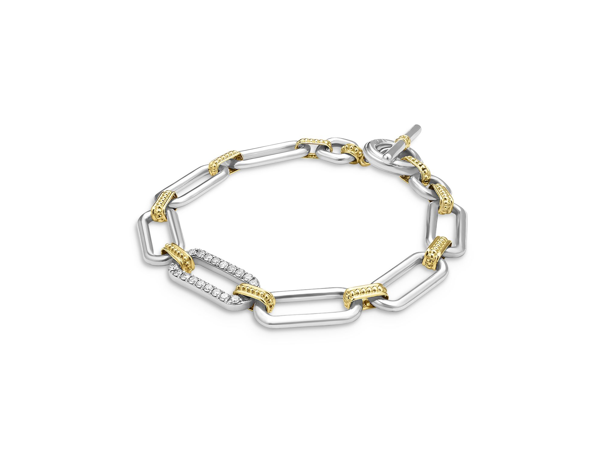 18K Yellow Gold & Sterling Signature Caviar Diamond Open Link Toggle Bracelet — Image 5