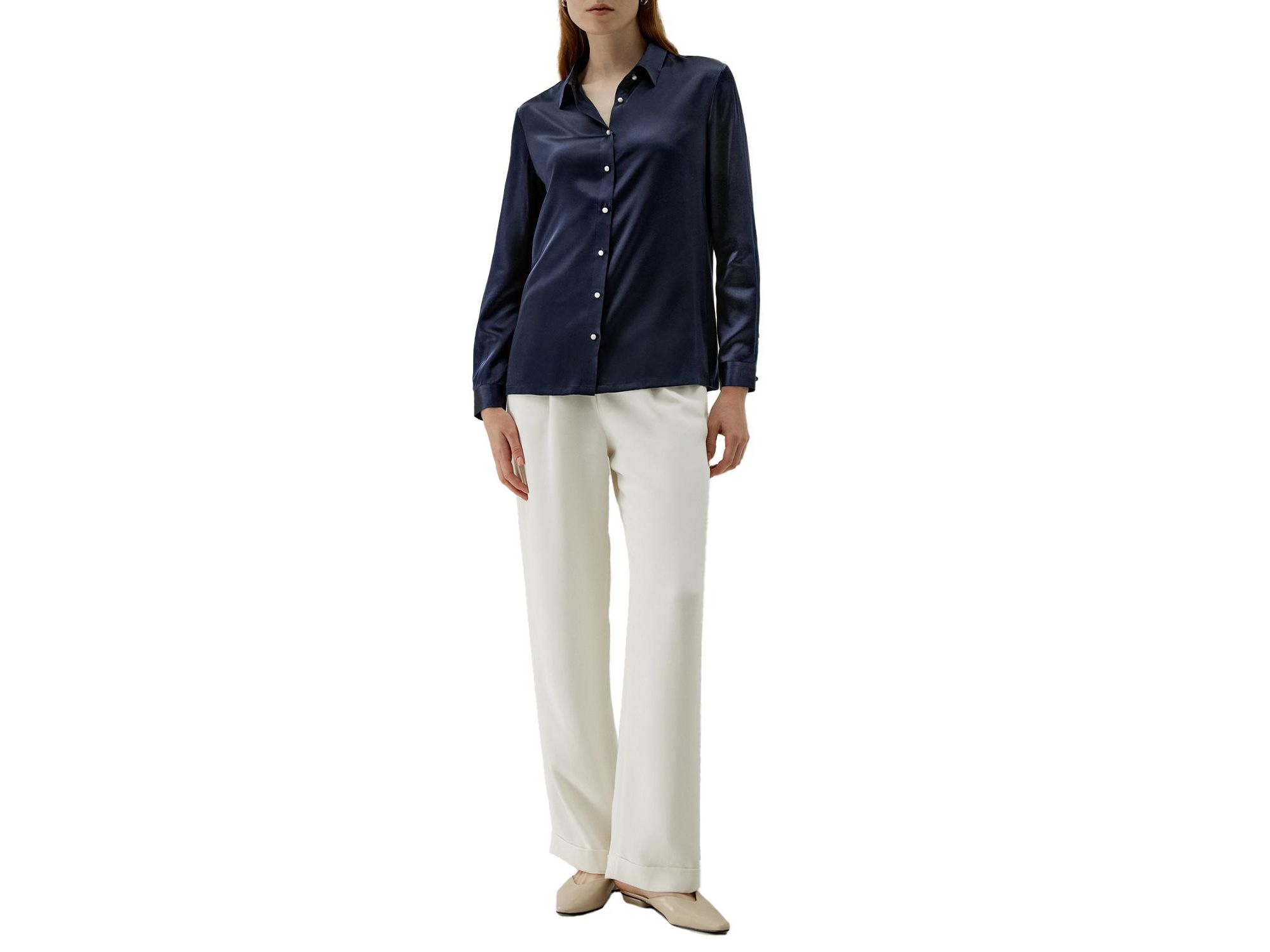Classic Imitation Pearl Button Silk Shirt — Image 4