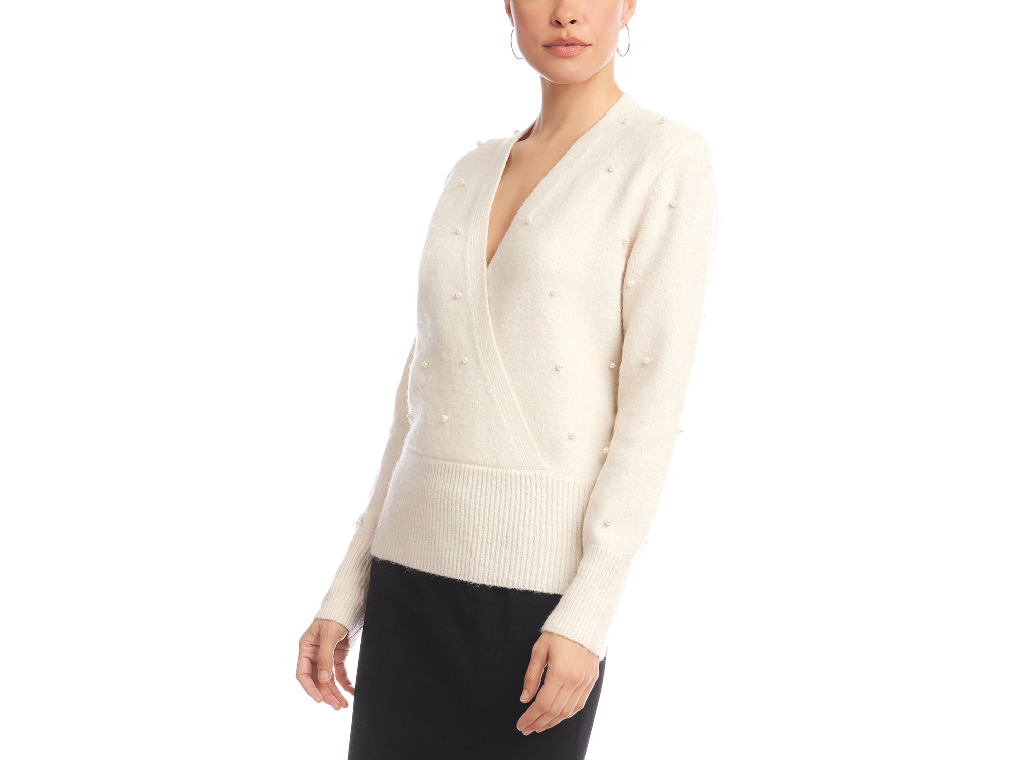 Embellished Faux Wrap V Neck Sweater — Image 3