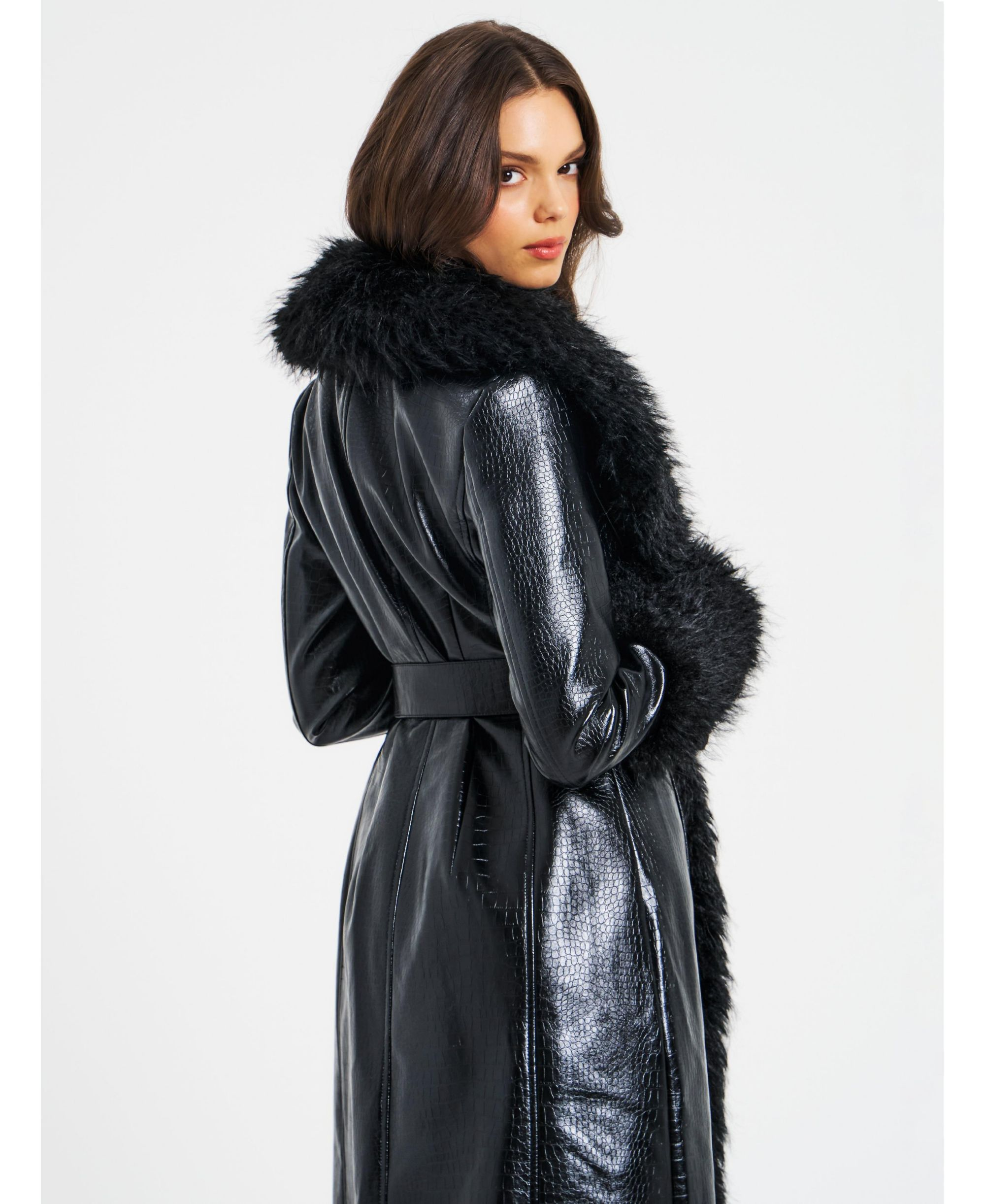Zella Faux Fur Trim Faux Croc Leather Coat — Image 3