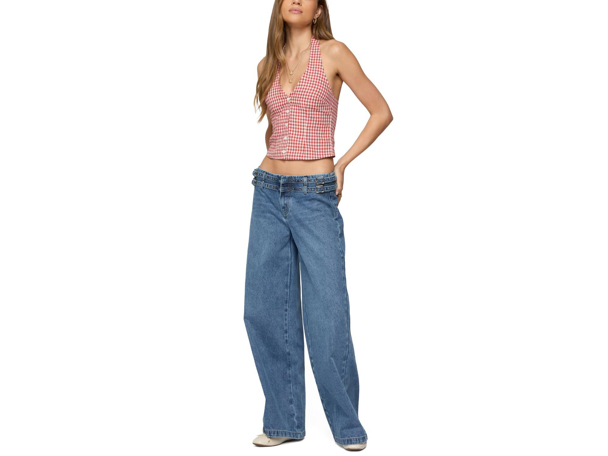 Livia Double Belt Low Rise Baggy Jeans in Blue Washed — Image 5