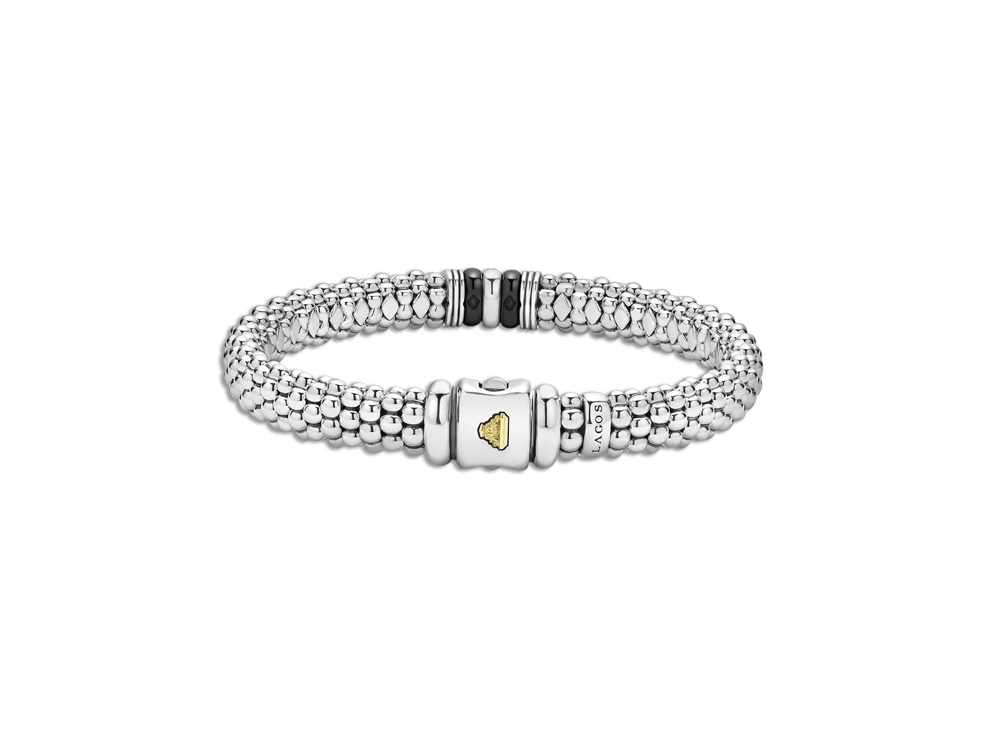 18K Yellow Gold & Sterling Black Caviar Ceramic & Diamond Bead Link Bracelet — Image 6