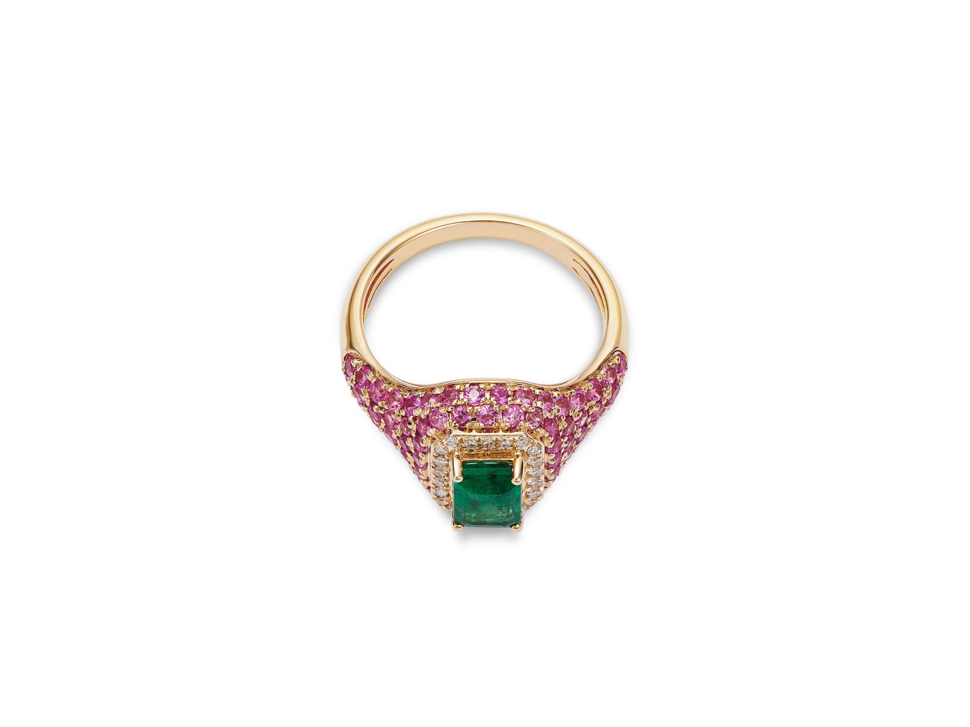 Emerald, Pink Sapphire & Diamond Pinky Ring in 14K Yellow Gold — Image 3