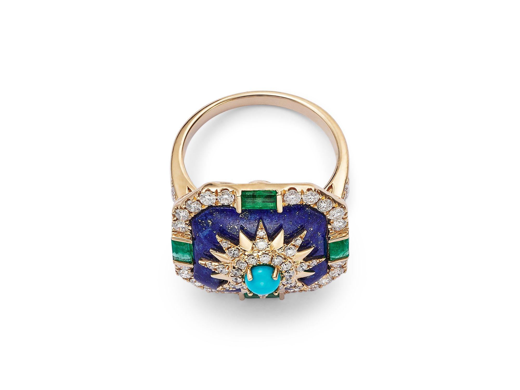 Turquoise, Lapis, Emerald, and Diamond Star Statement Ring in 14K Yellow Gold — Image 3