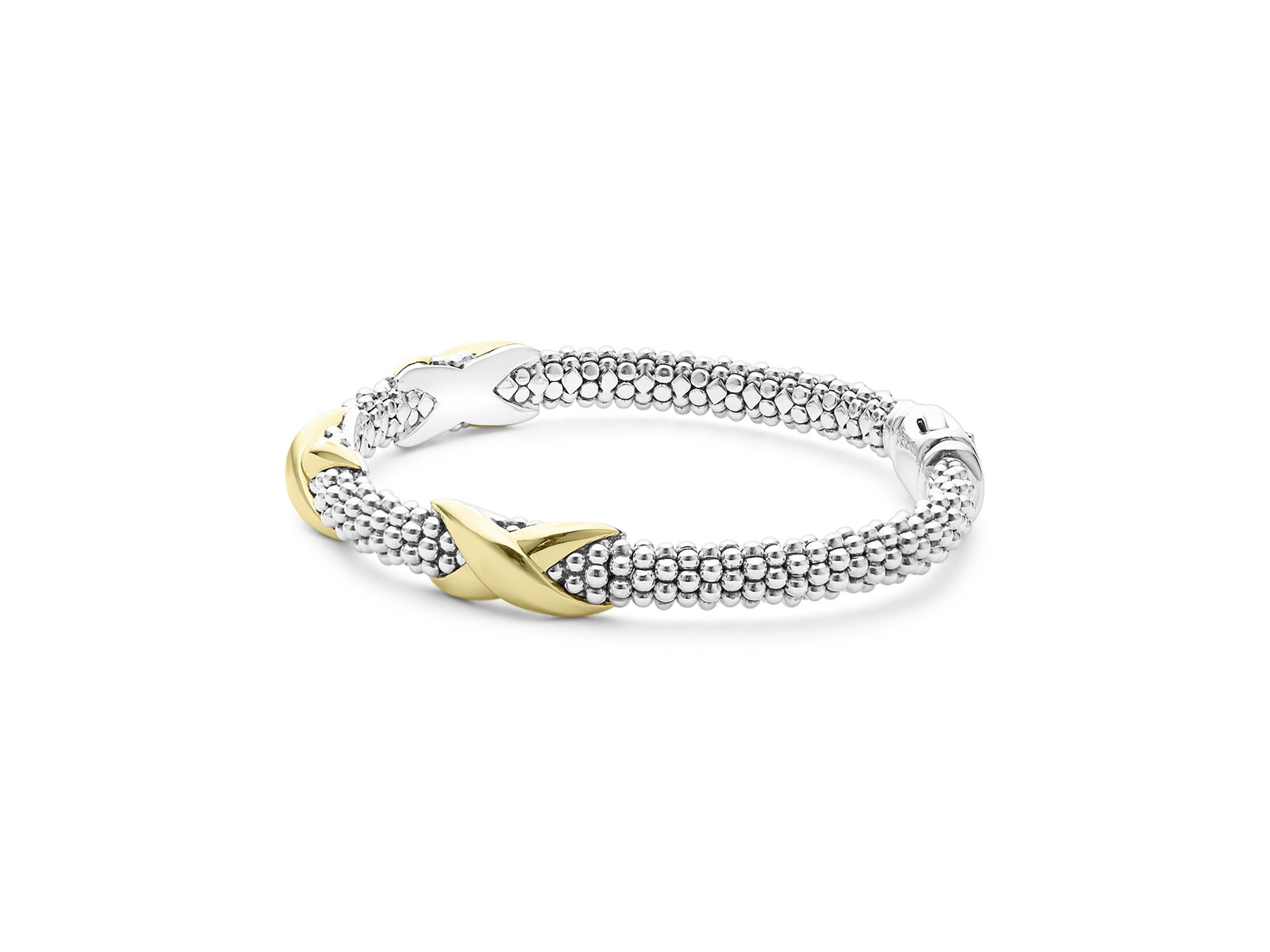 18K Yellow Gold & Sterling Silver Embrace Triple X Caviar Bead Link Bracelet — Image 4