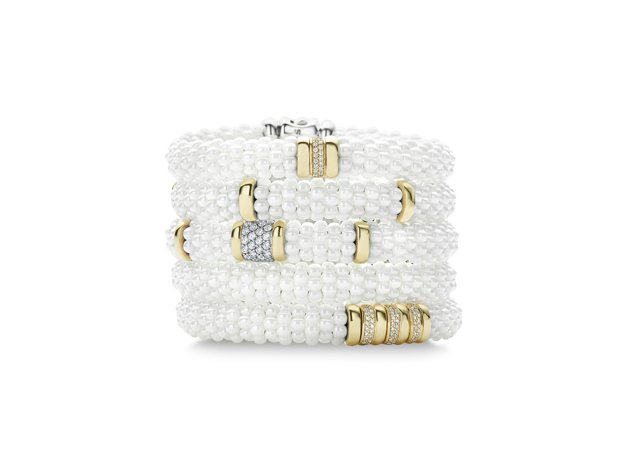 18K Yellow Gold & Sterling Silver White Ceramic Bead Statement Bracelets — Image 3