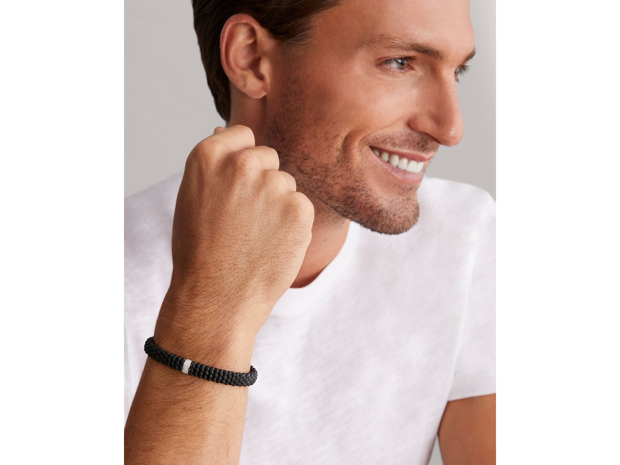 Men's Sterling Silver Anthem Diamond Black Ceramic Caviar Bead Bracelet — Image 3