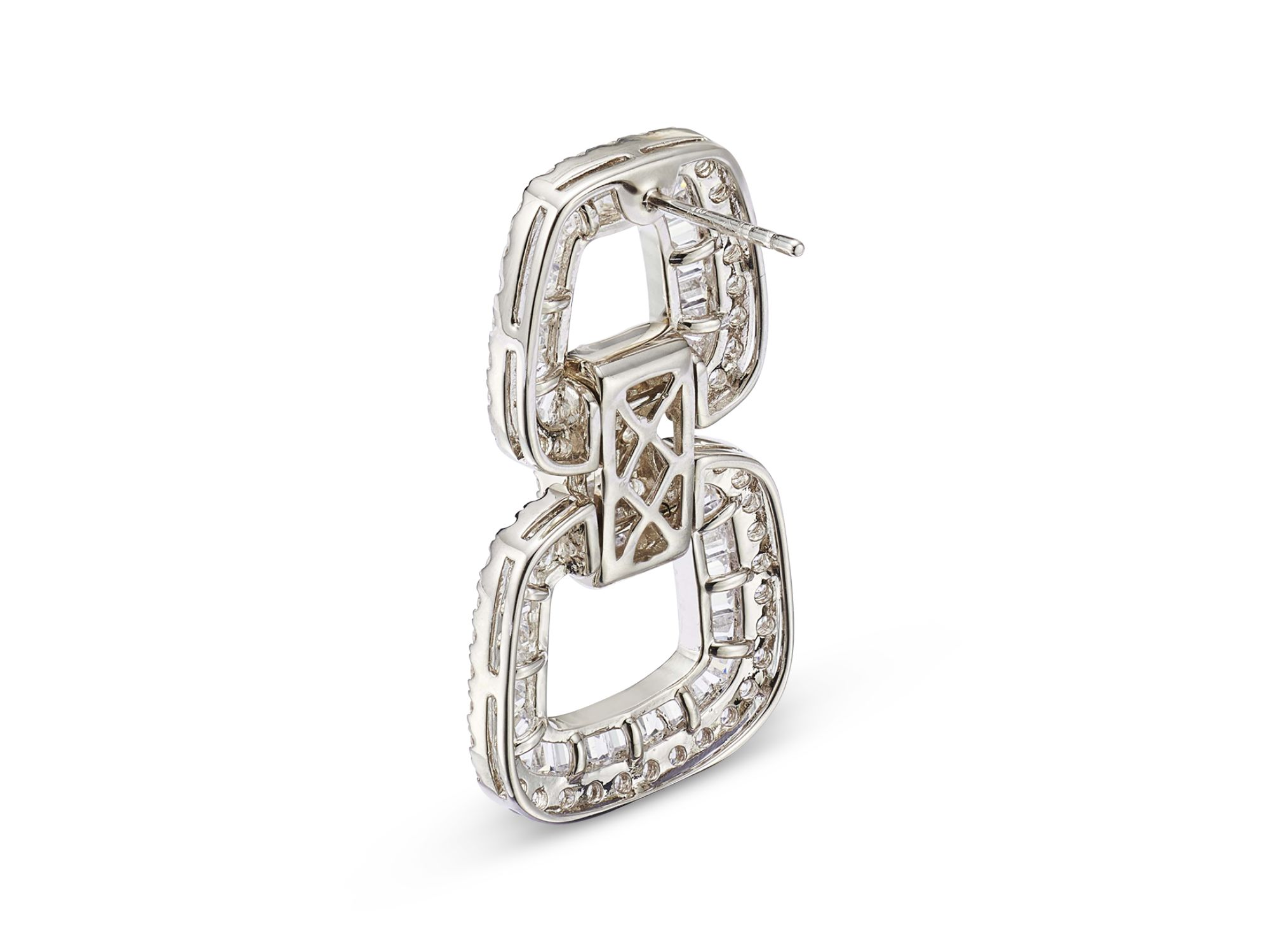 Diamond Round & Baguette Geometric Drop Earrings in 14K White Gold, 4.25 tcw — Image 3