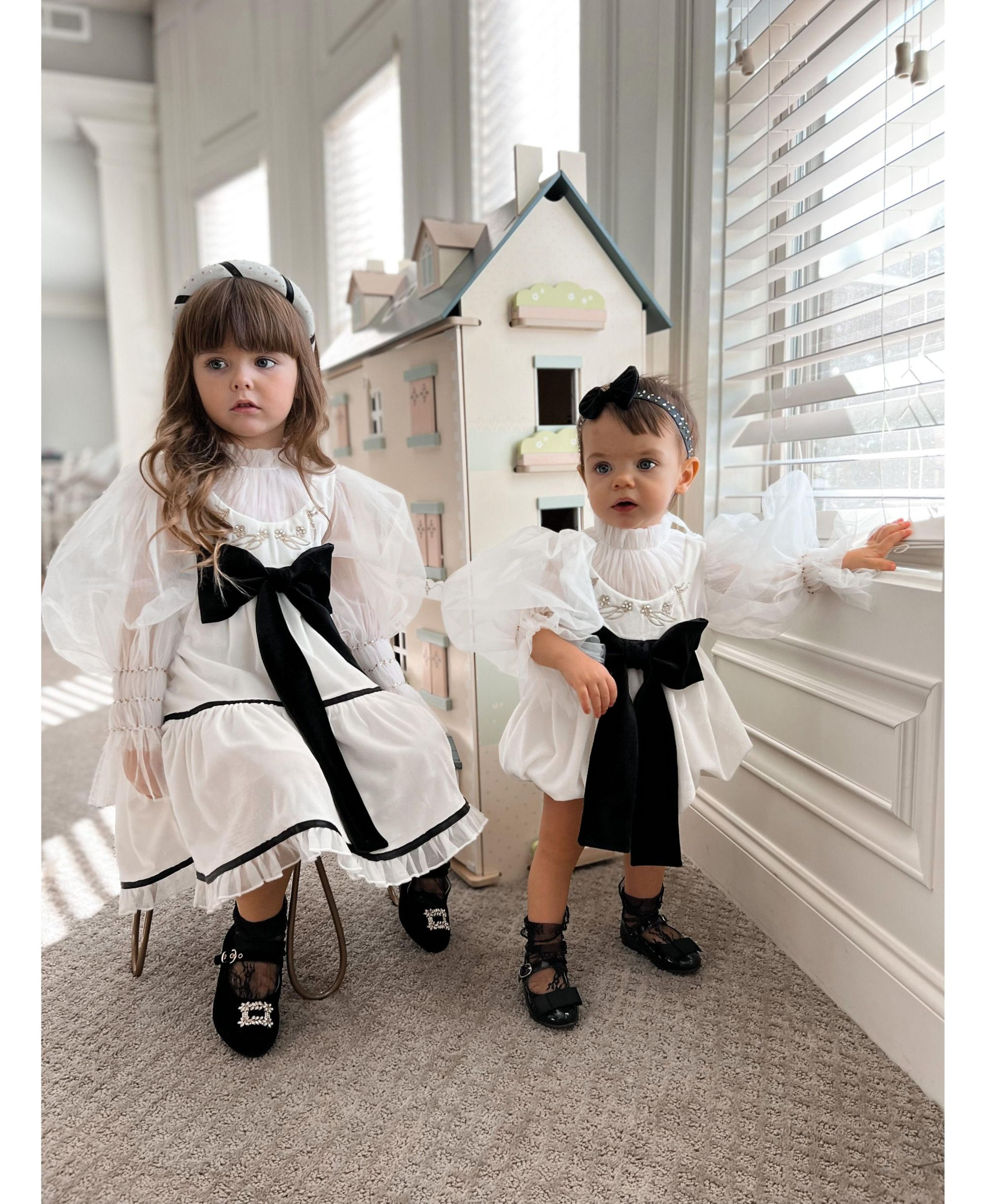 Girls' Aurora Ivory Velour Dress with Tulle Puff Sleeves - Baby, Little Kid, Big Kid — Image 3