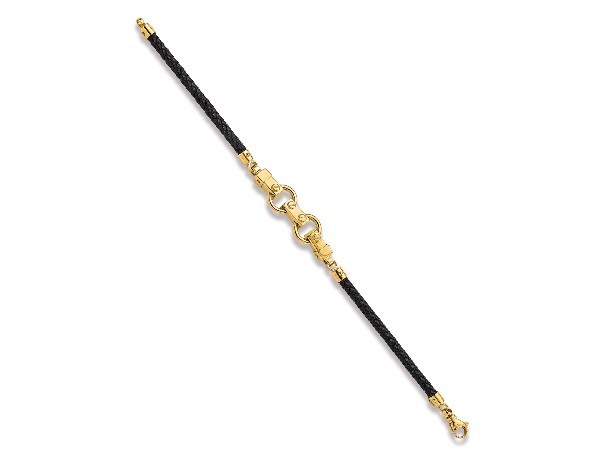 Men's Fancy Link Leather Bracelet in 14K Yellow Gold — Image 3