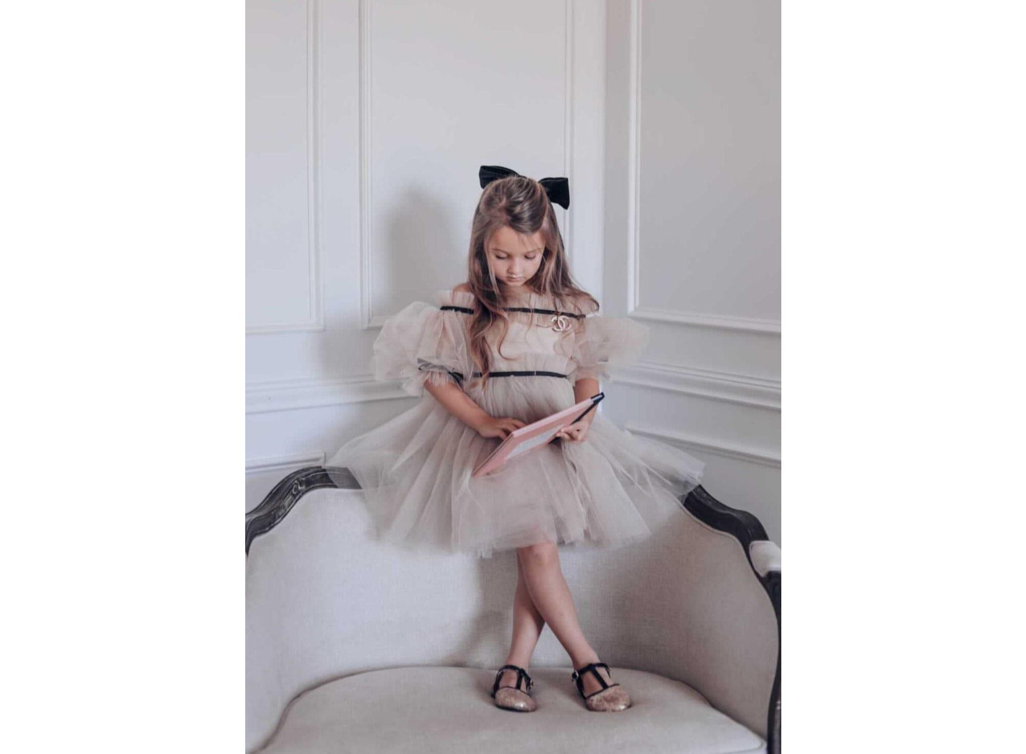 Girls' Coco Caramel Tulle Dress with Sheer Puff Tulle Sleeves - Baby, Little Kid, Big Kid — Image 9
