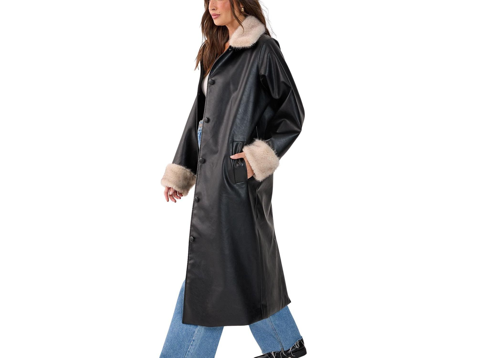 Faux Leather Longline Fur Trim Coat — Image 3
