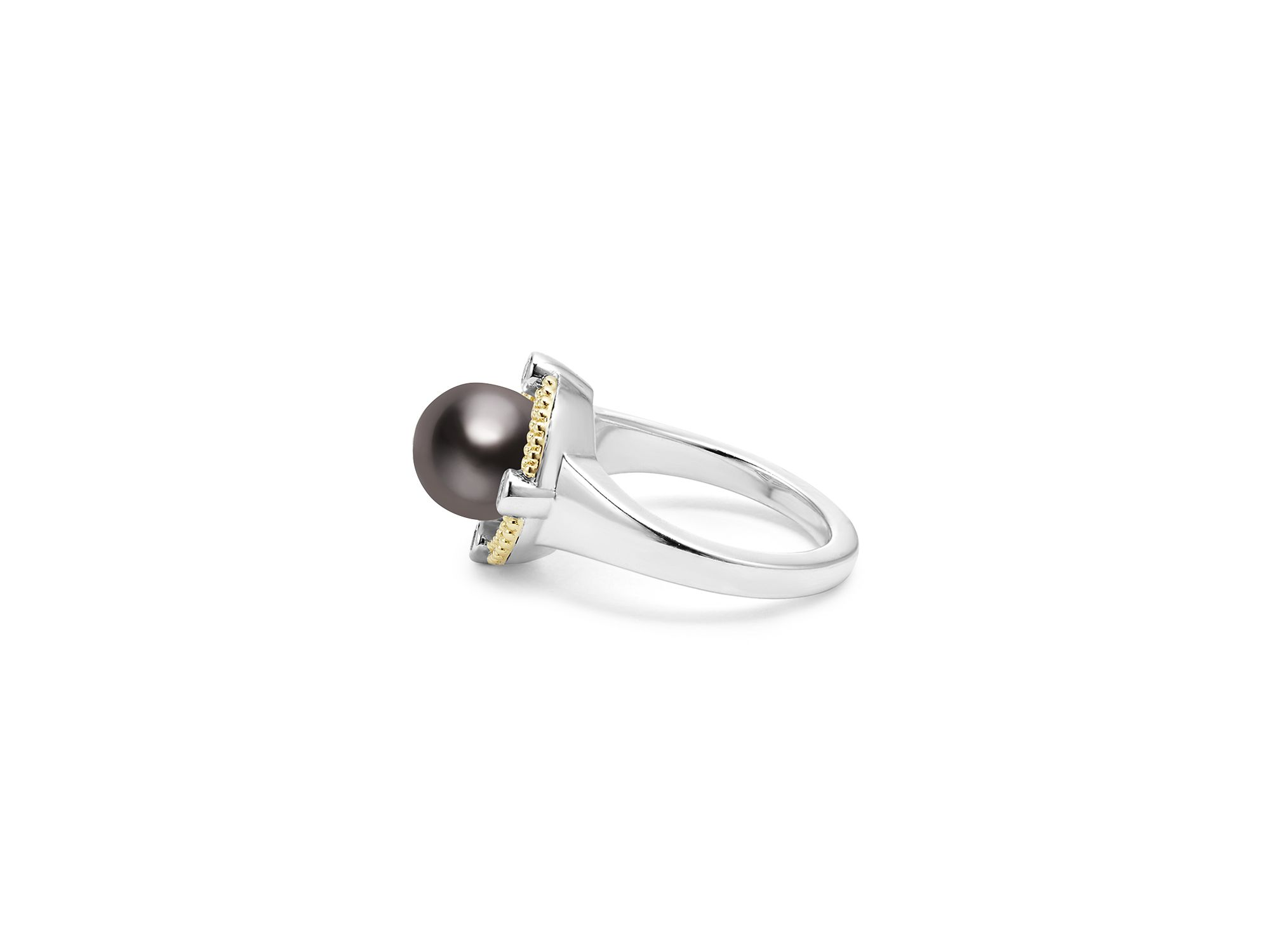 18K Yellow Gold & Sterling Silver Luna Black Tahitian Pearl & Diamond Halo Ring — Image 6