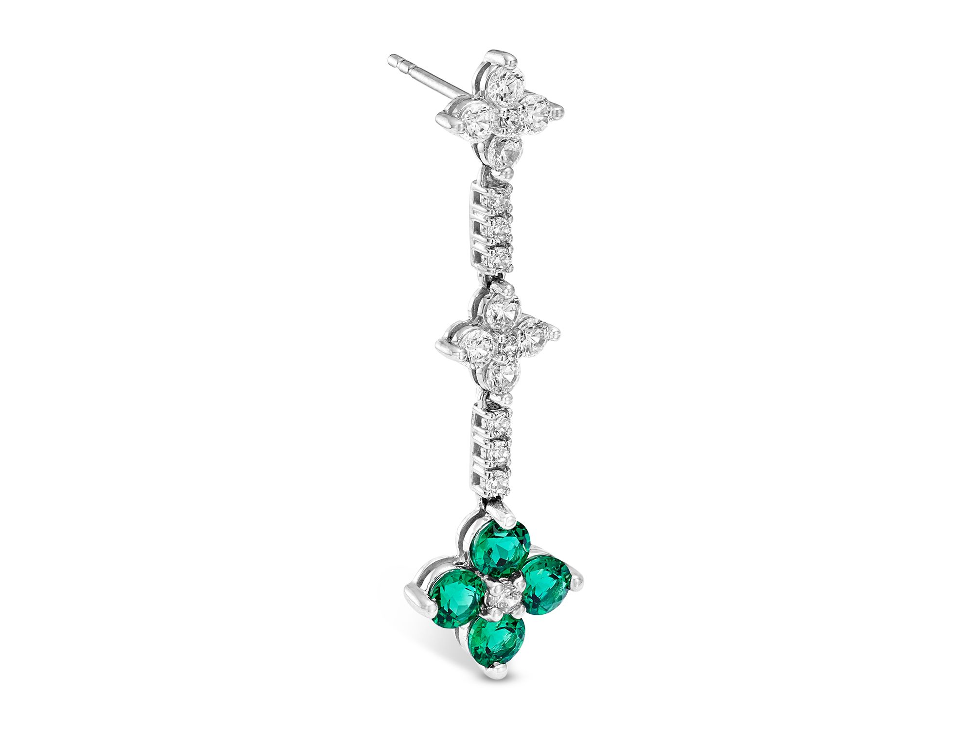 Emerald & Diamond Clover Linear Earring in 14K White Gold — Image 3
