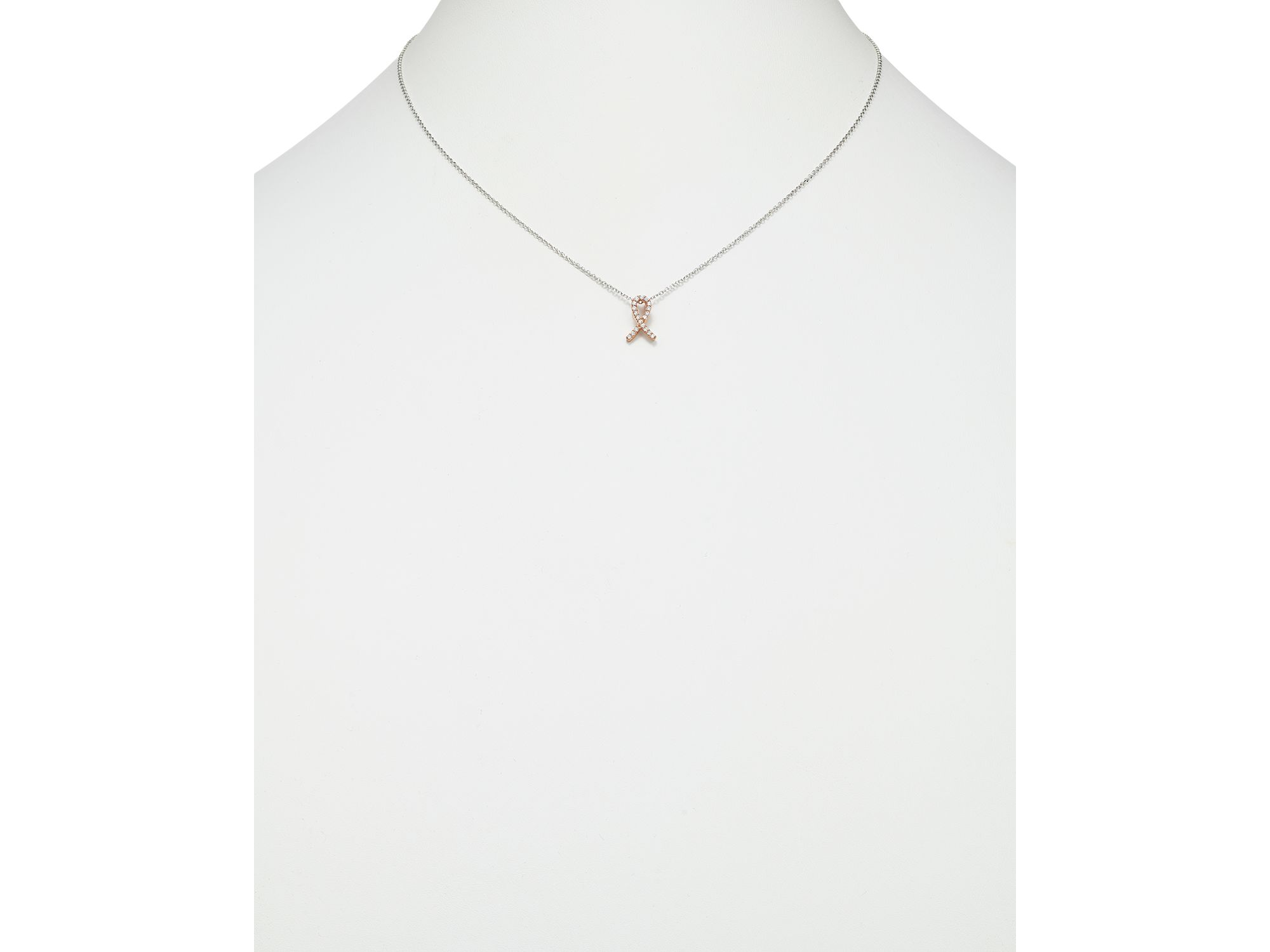 Diamond Pink Ribbon Pendant Necklace in 14K Rose and White Gold, .10 tcw — Image 3
