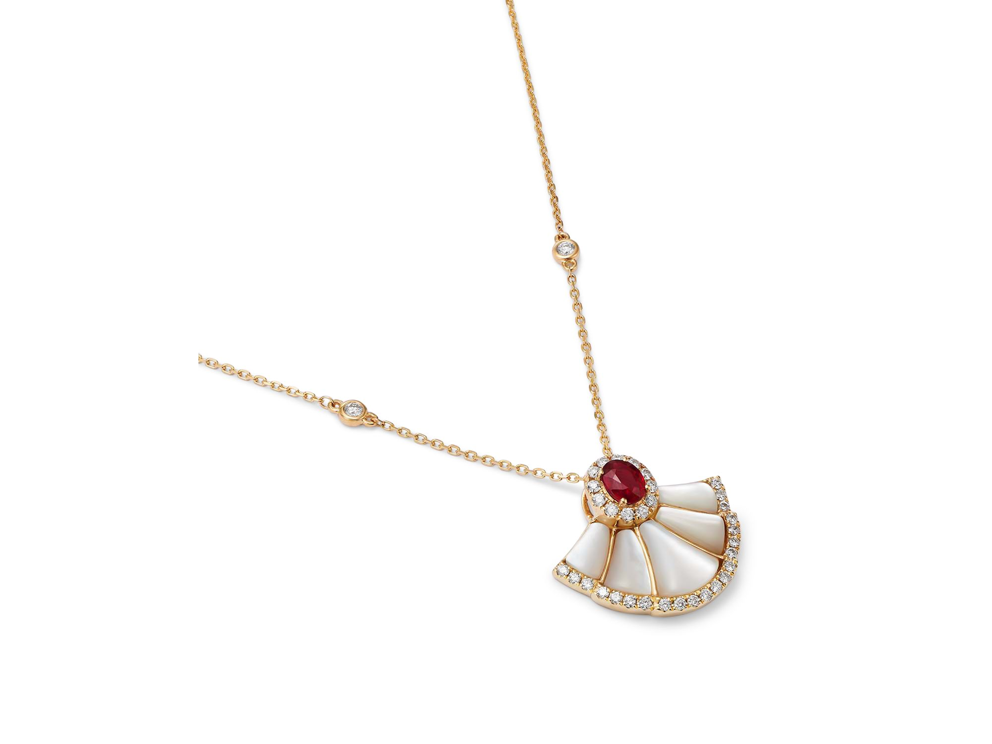 Ruby, Mother of Pearl & Diamond Pendant Necklace in 14K Yellow Gold, 18" — Image 3
