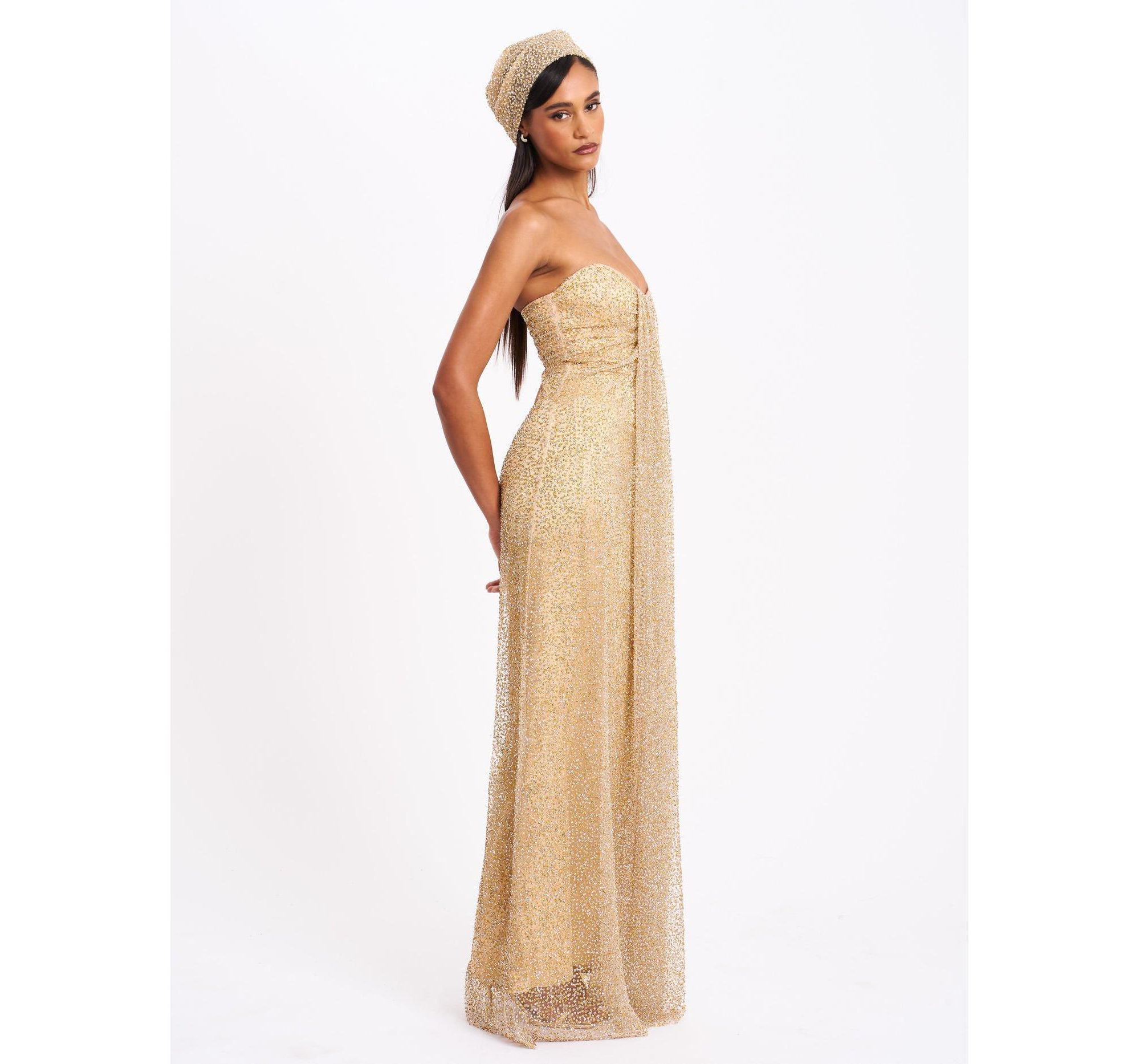 Ada Rhinestone Embellished Strapless Gown with Head Scarf — Image 10