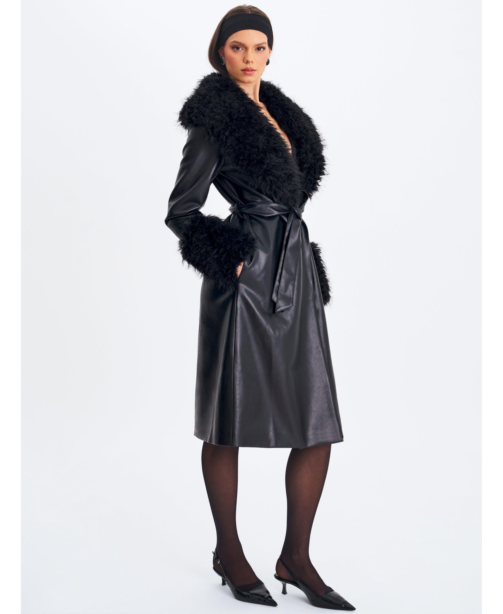 Zariah Faux Fur Trimmed Longline Faux Leather Coat — Image 5
