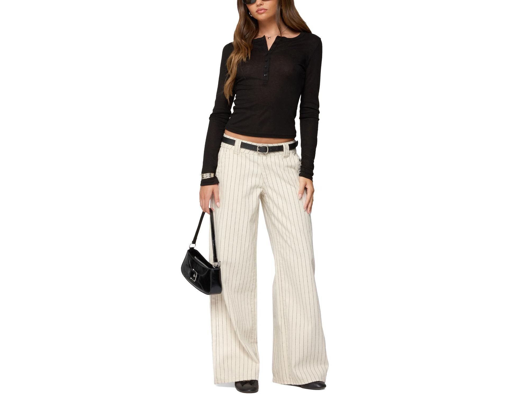 Cory Striped Low Rise Baggy Jeans in Cream Washed — Image 4