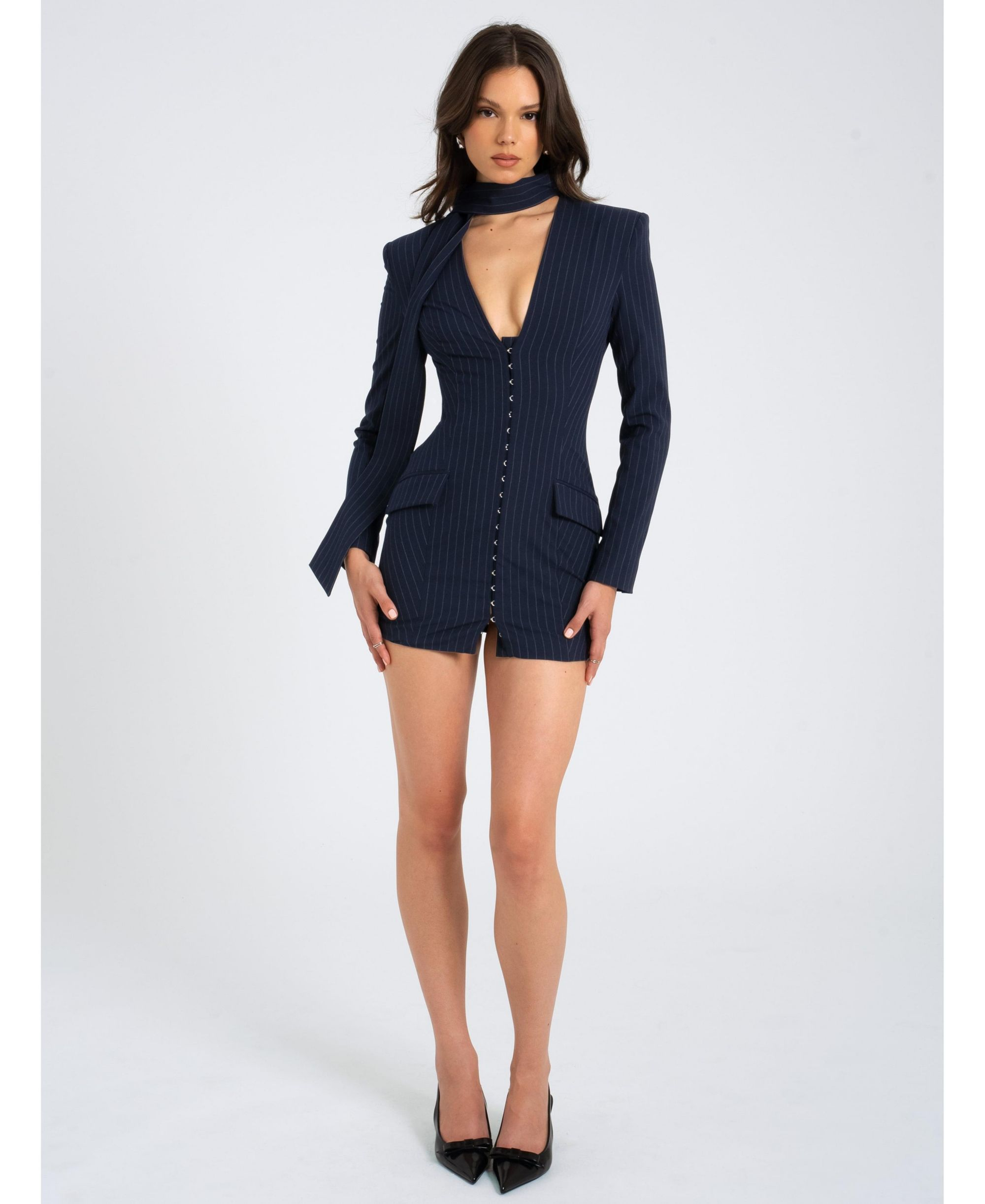 Tahlia Deep V Pinstripes Scarf Collar Blazer Dress — Image 6