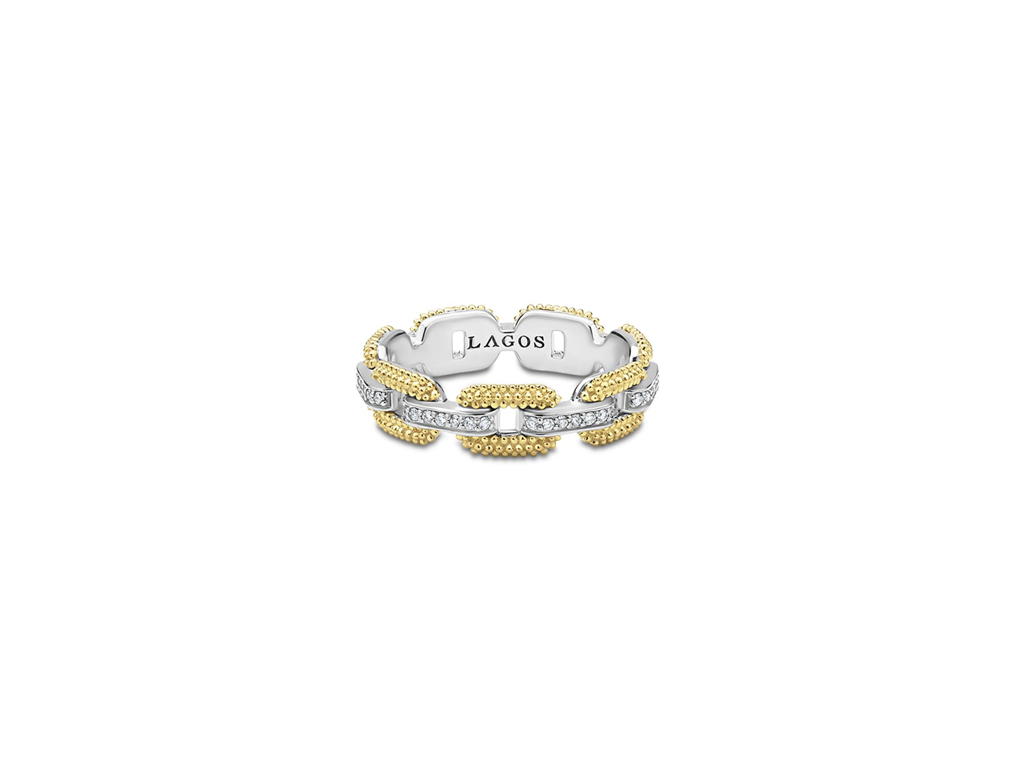 18K Yellow Gold & Sterling Silver Caviar Lux Diamond Chain Link Ring - Exclusive — Image 3