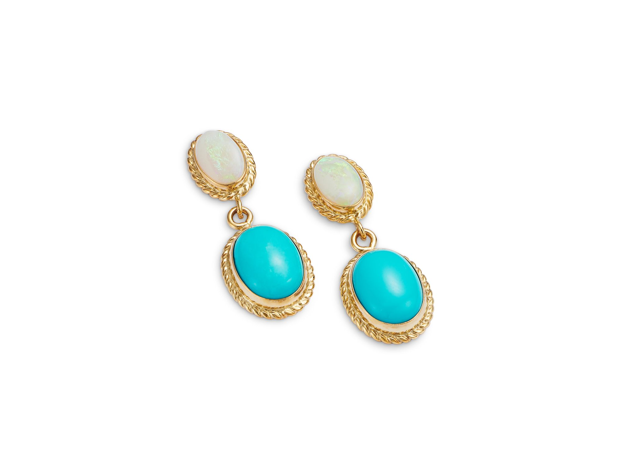 Opal & Turquoise Double Drop Earrings in 14K Yellow Gold — Image 4