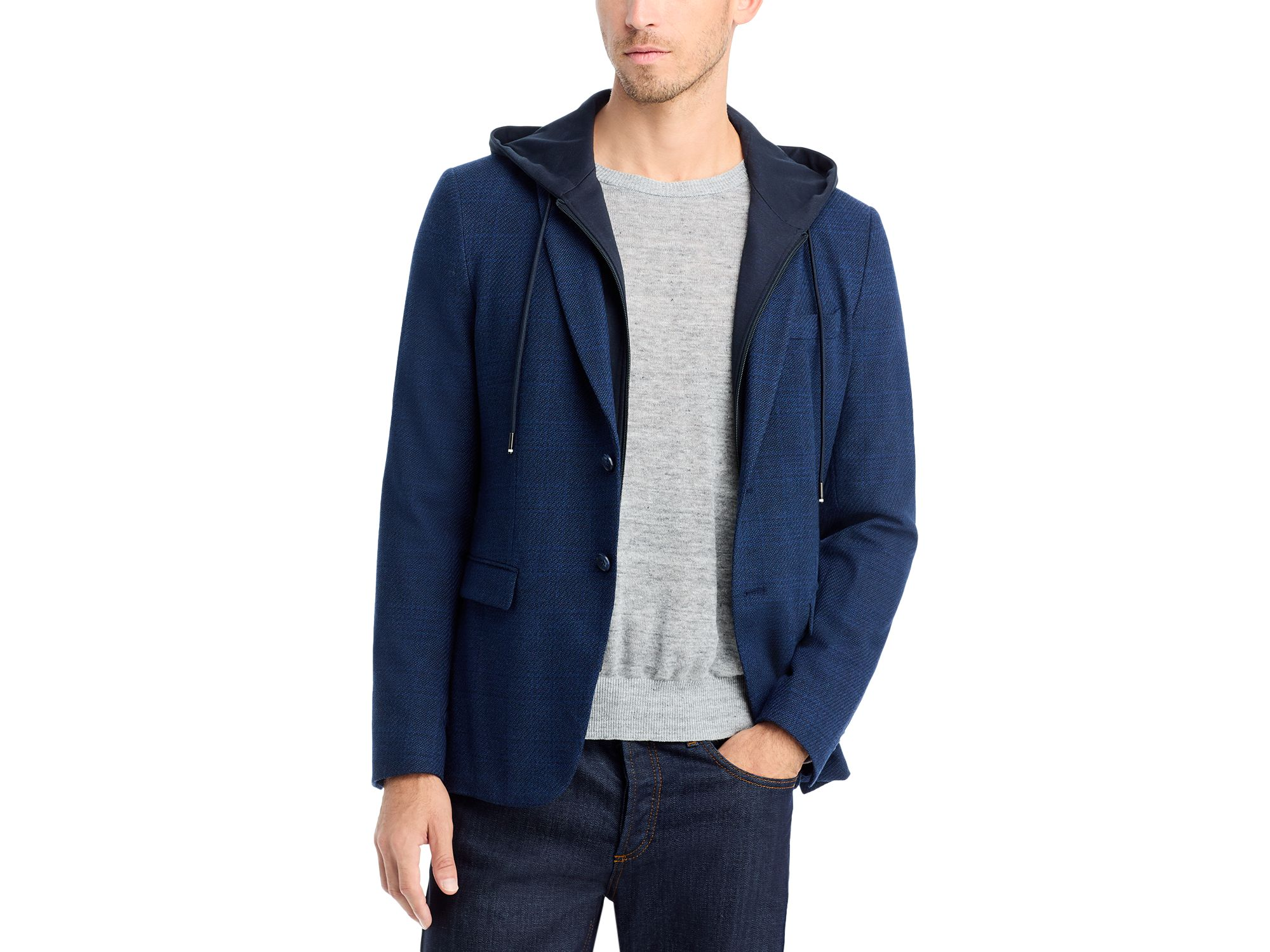 Tonal Plaid Jersey Sport Coat with Removable Hood — Image 5
