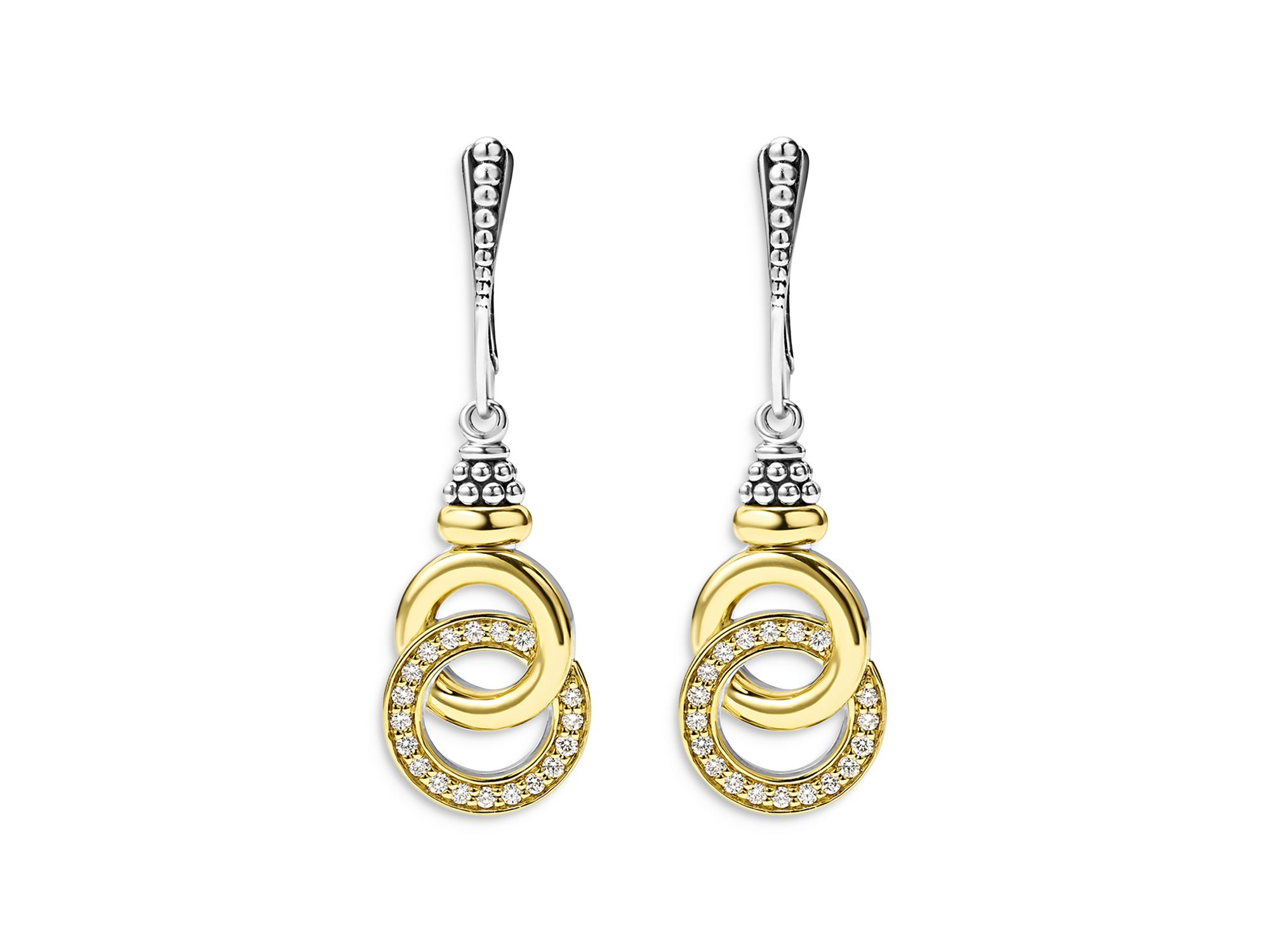 18K Yellow Gold & Sterling Silver Signature Caviar Diamond Interlocking Drop Earrings — Image 3