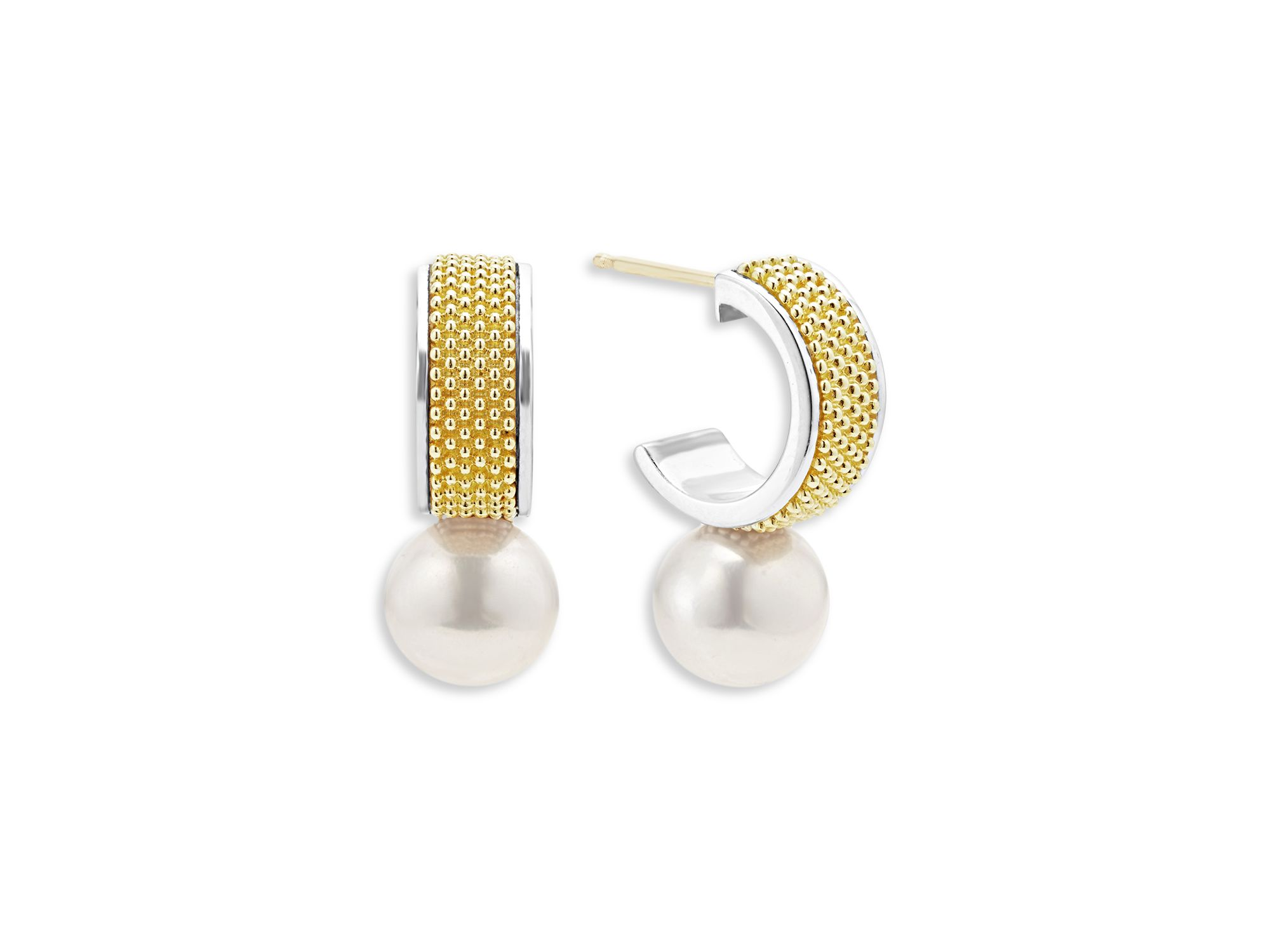 18K Yellow Gold & Sterling Silver Luna Cultured Freshwater Pearl Half Hoop Earrings — Image 4